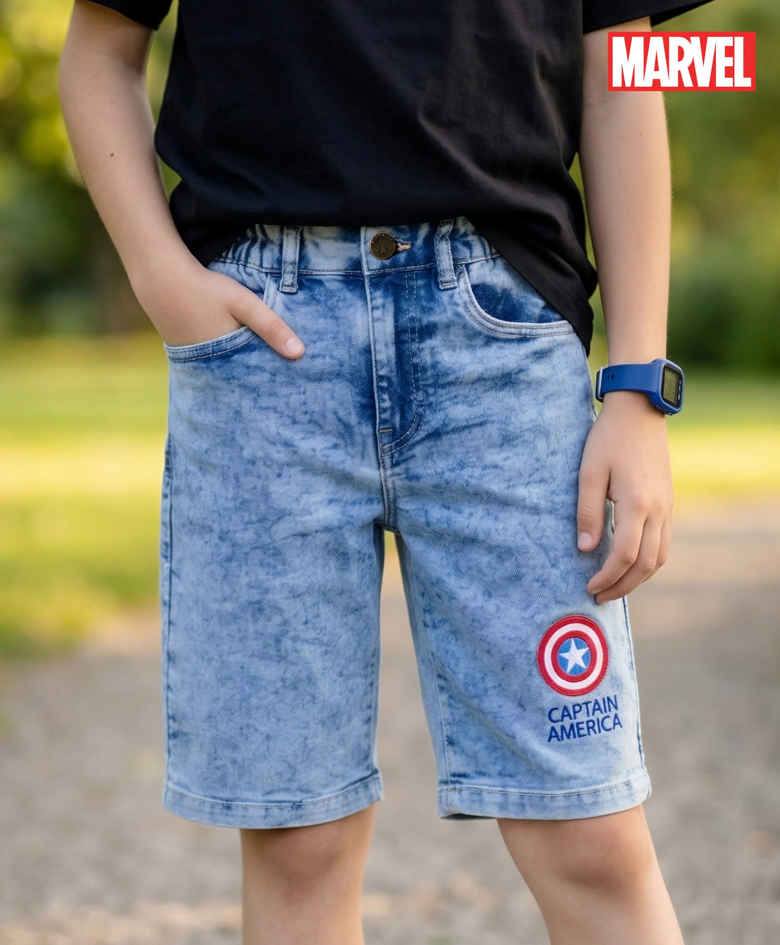 Pine Kids Marvel 100% Cotton Woven Denim Short With Avengers Graphics - Blue-picture-13