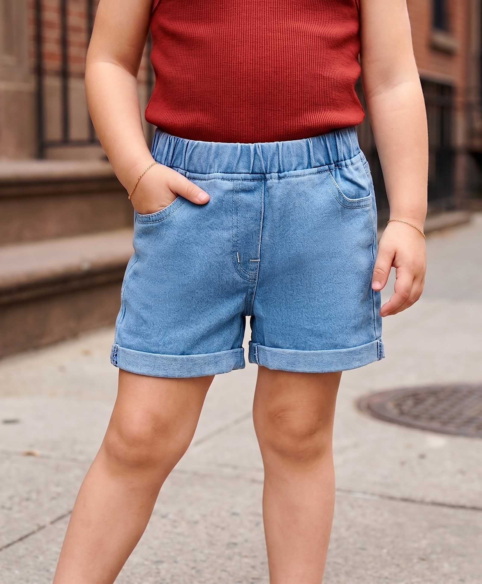 Kookie Kids Solid Denim Rollup Shorts With Elasticated Waist & Pockets - Light Blue-image-46