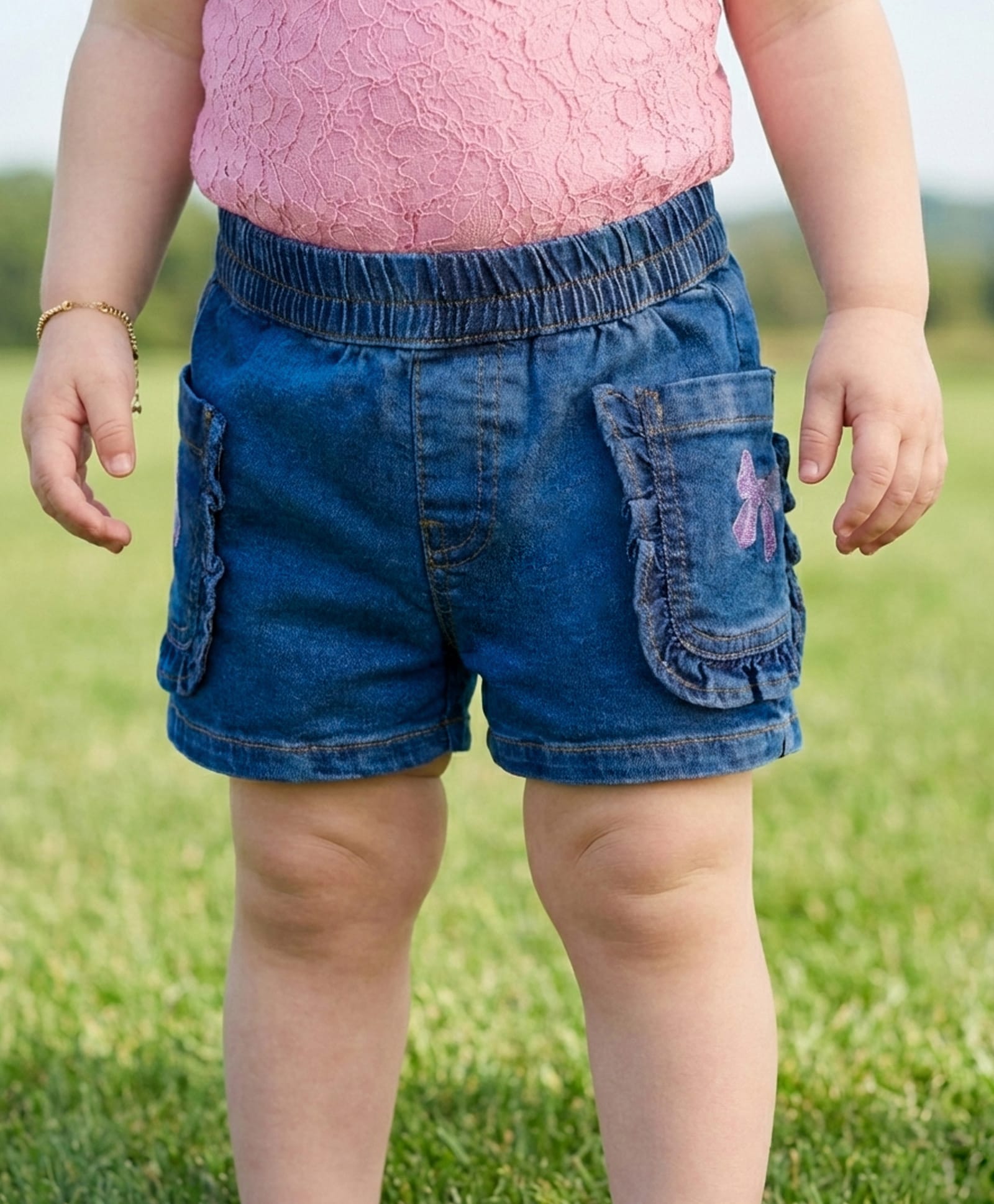 Babyoye Woven Denim Shorts with Bow Embroidery - Blue-image-48