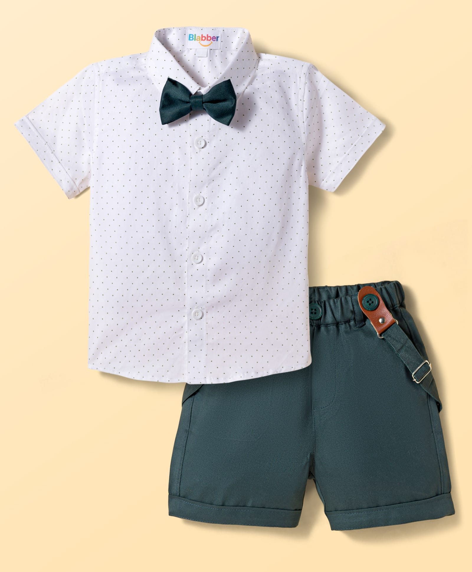Blabber Half Sleeves Polka Dots Printed Shirt & Solid Shorts Set With Suspender & Bow - White-image-36