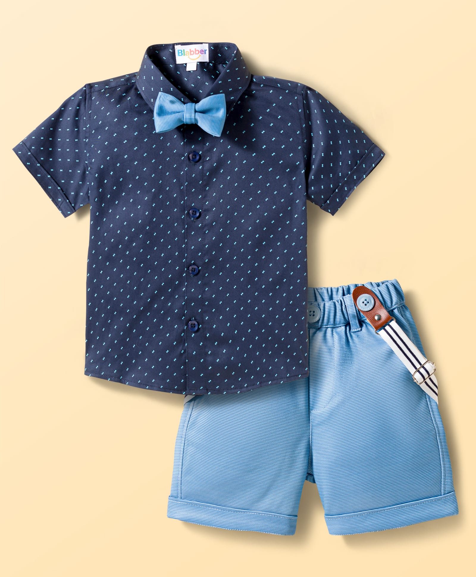 Blabber Half Sleeves Hourglass Printed Shirt & Solid Shorts Set With Suspender & Bow - Sky Blue-image-40