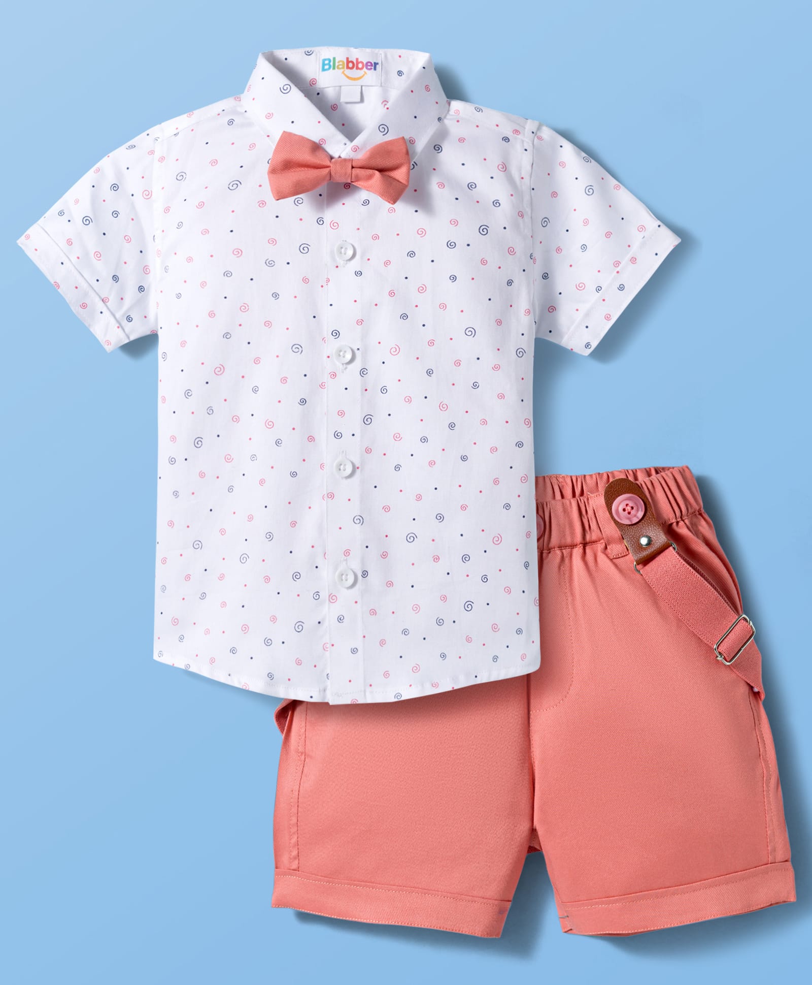 Blabber Half Sleeves Swirl Printed Shirt & Solid Shorts Set With Suspender & Bow - Peach-image-48