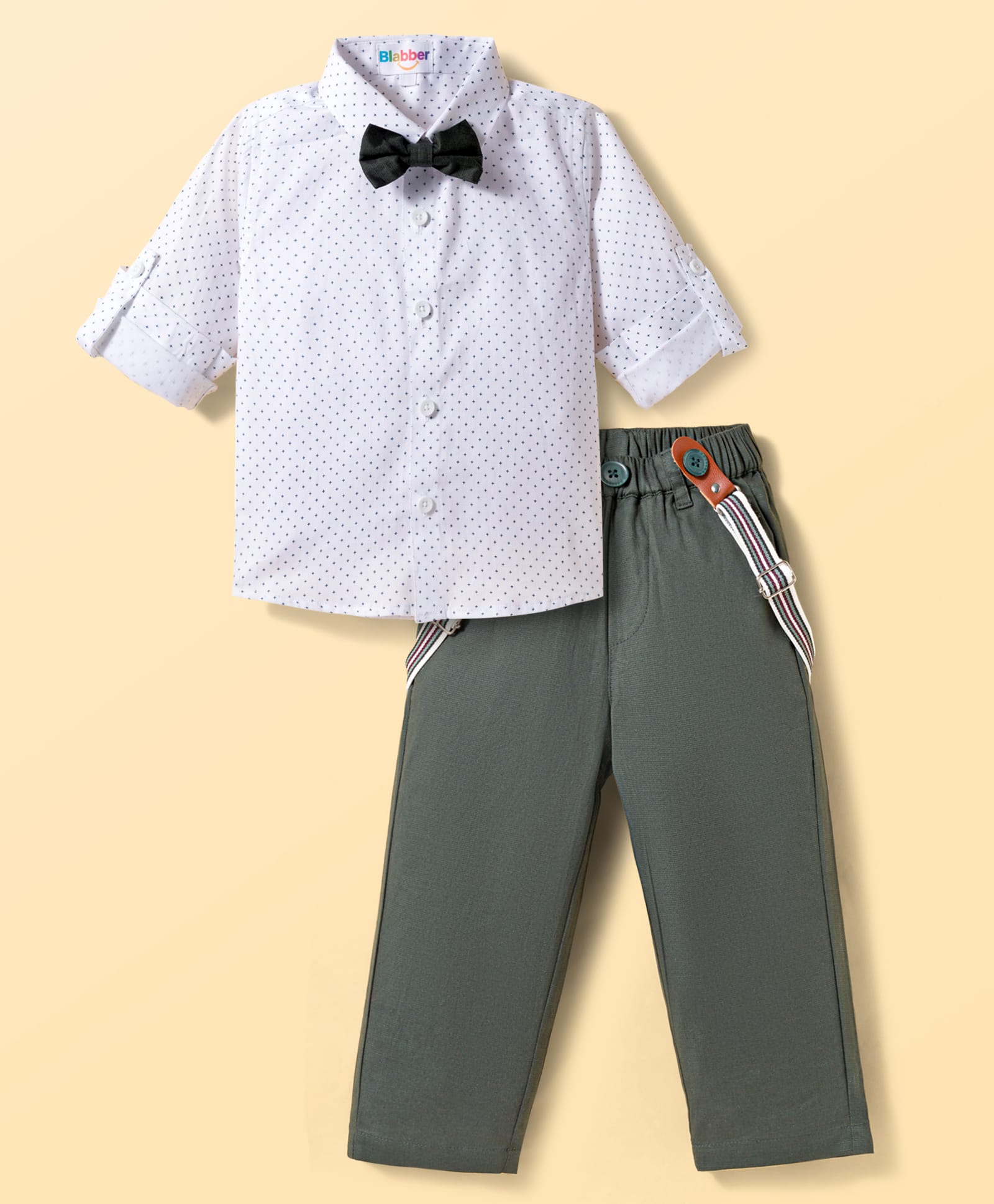 Blabber Full Sleeves Polka Dots Printed Shirt & Solid Trouser Set With Suspender & Bow - Green-image-8