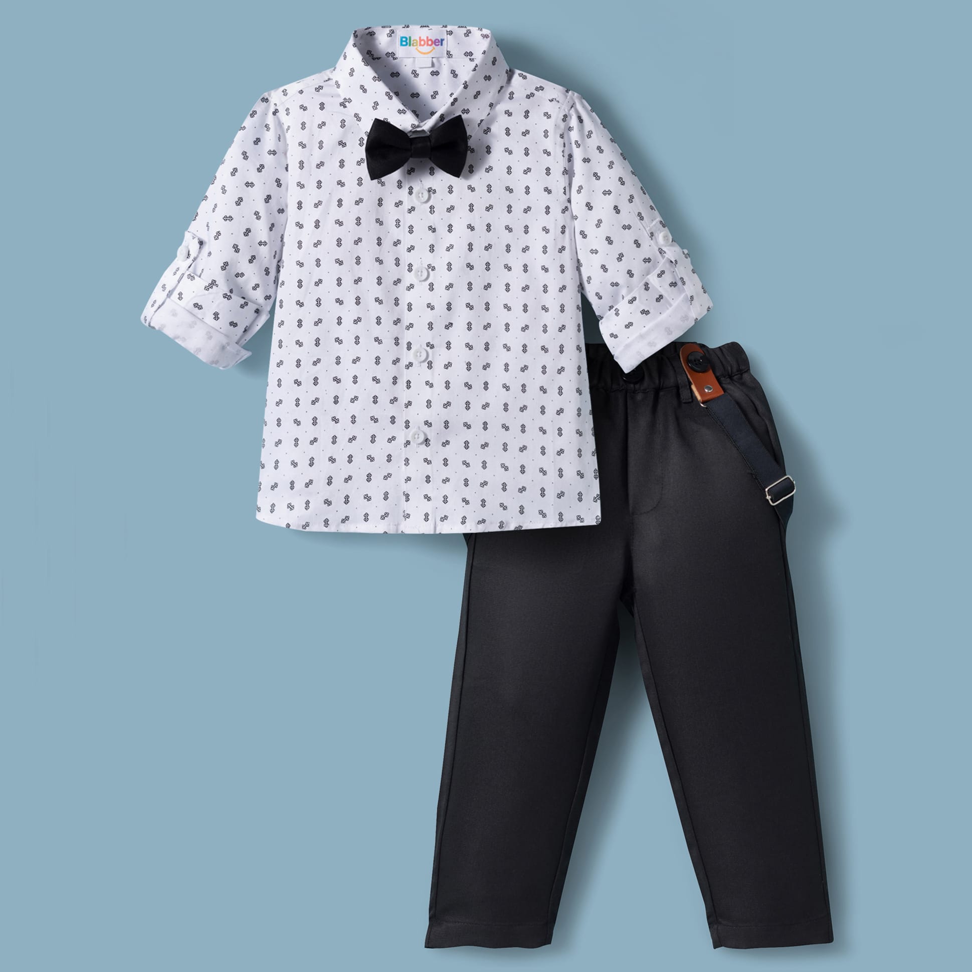 Blabber Full Sleeves Geometric Printed Shirt & Trouser Set With Bow & Suspender - Black-image-25