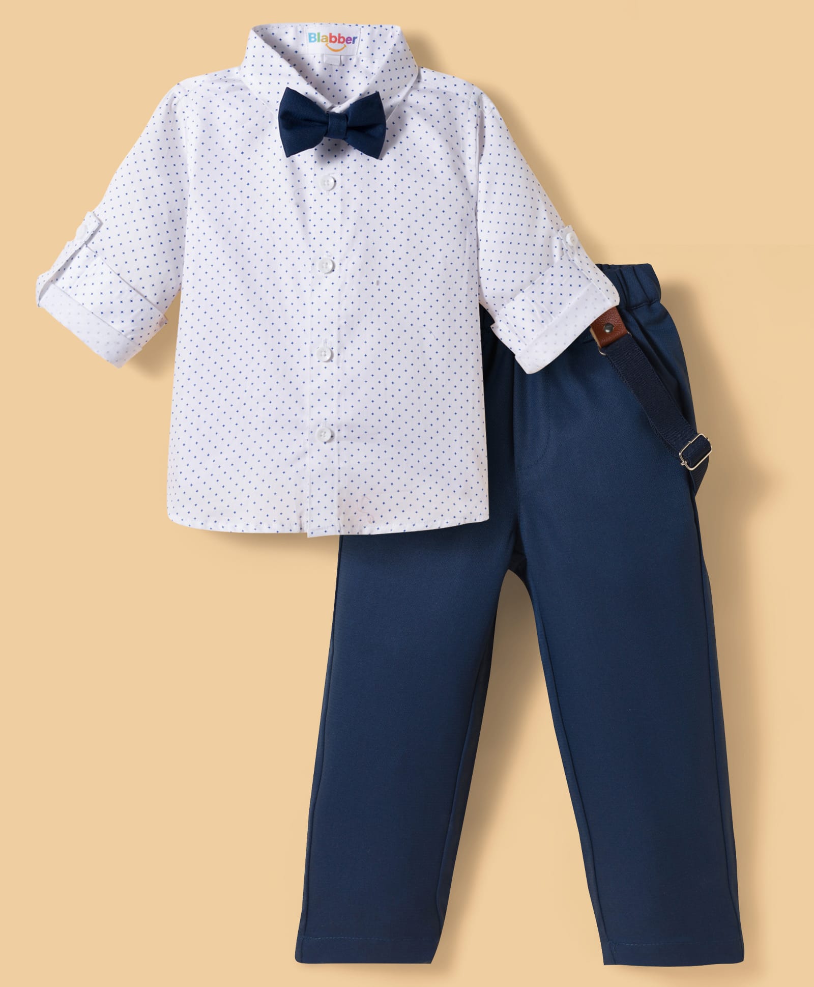 Blabber Full Sleeves Polka Dots Printed Shirt & Solid Trouser Set With Suspender & Bow - Navy Blue-picture-27