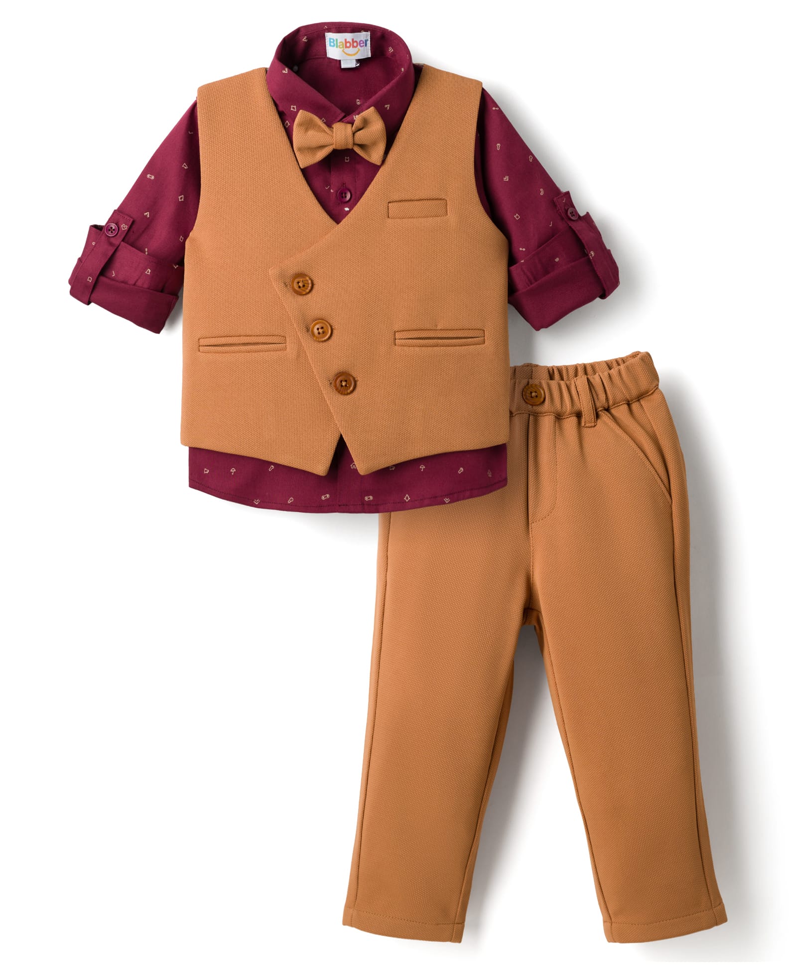 Blabber Full Sleeves Textured 3 Piece Party Suit Set With Bow - Rust-image-10