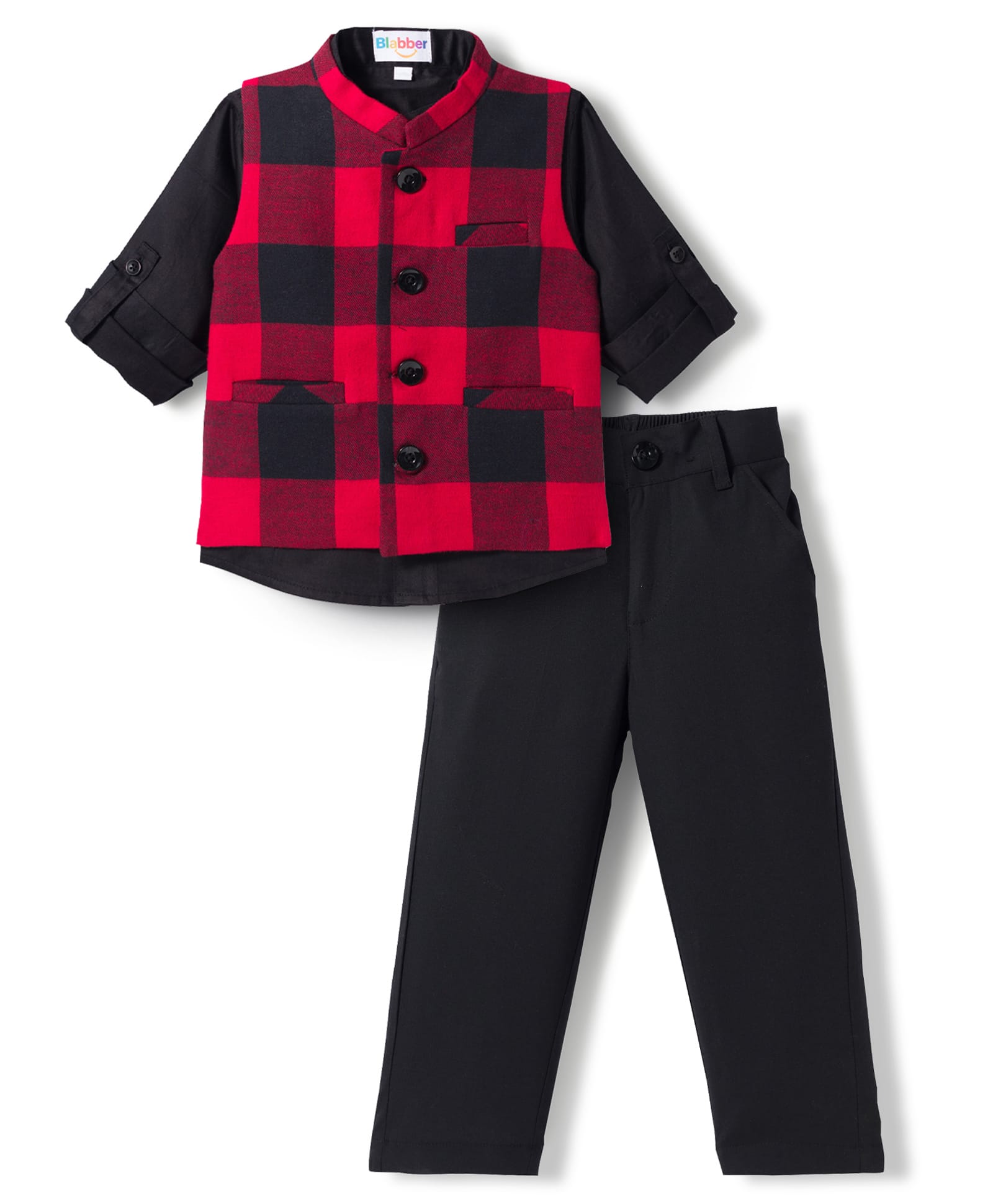 Blabber Full Sleeves Buffalo Checked 3 Piece Party Suit Set - Red-image-31