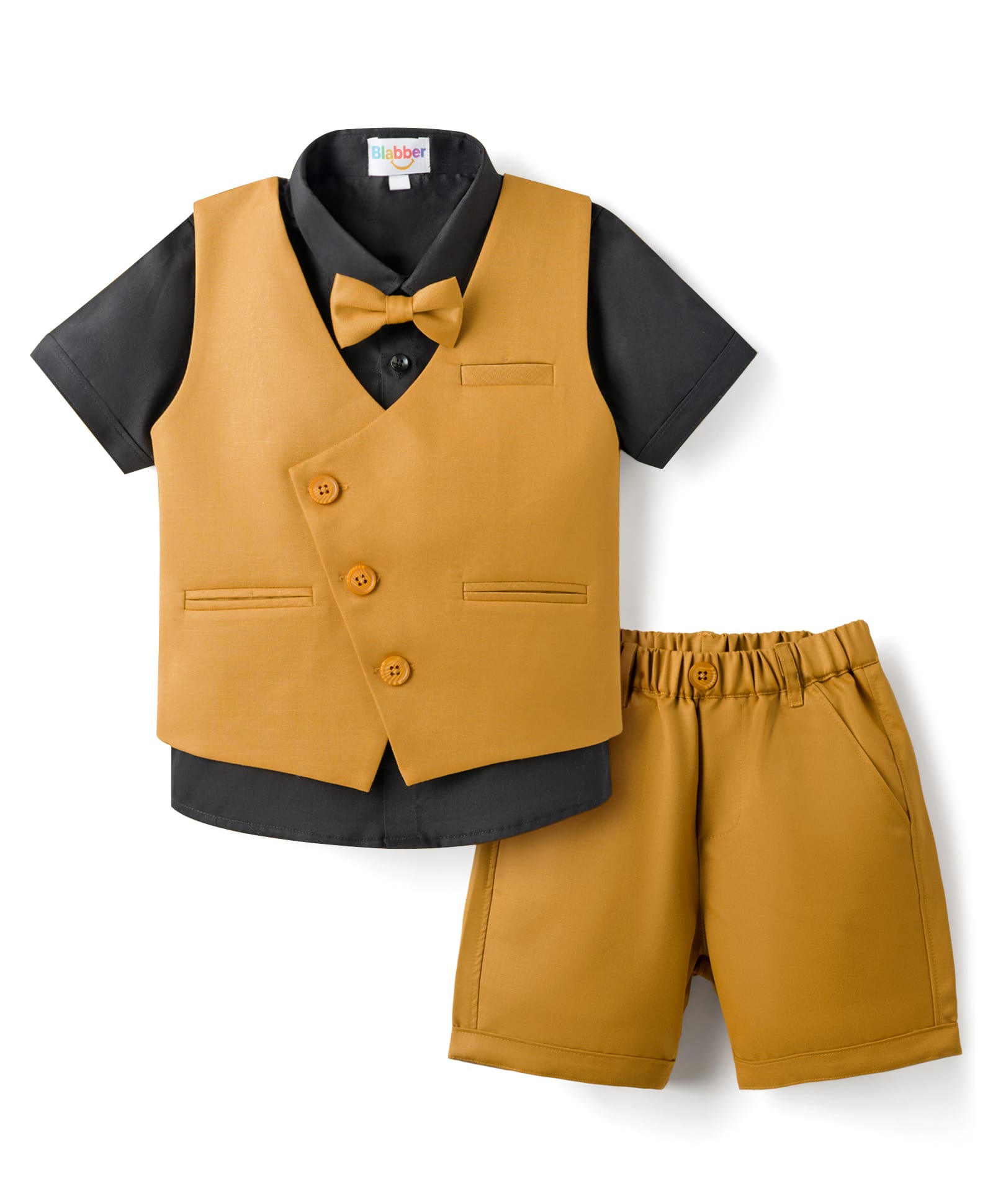 Blabber Full Sleeves Solid 3 Piece Party Suit Set With Bow - Mustard-image-21