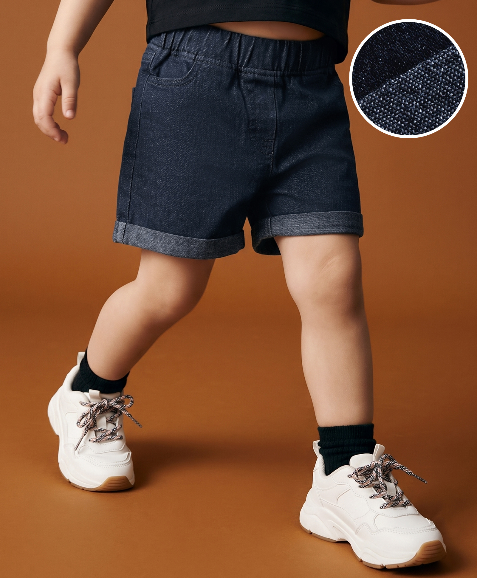 Kookie Kids Solid Color Denim Rollup Shorts with Elasticated Waist - Black-image-49