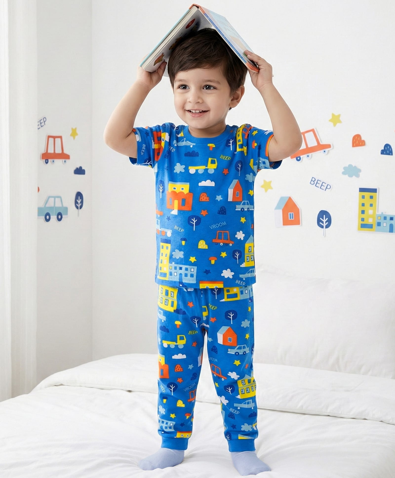 Babyhug Cotton Knit Half Sleeves Co-ords T-Shirt & Pajama Night Suit with City Landscape Print - Blue-image-15