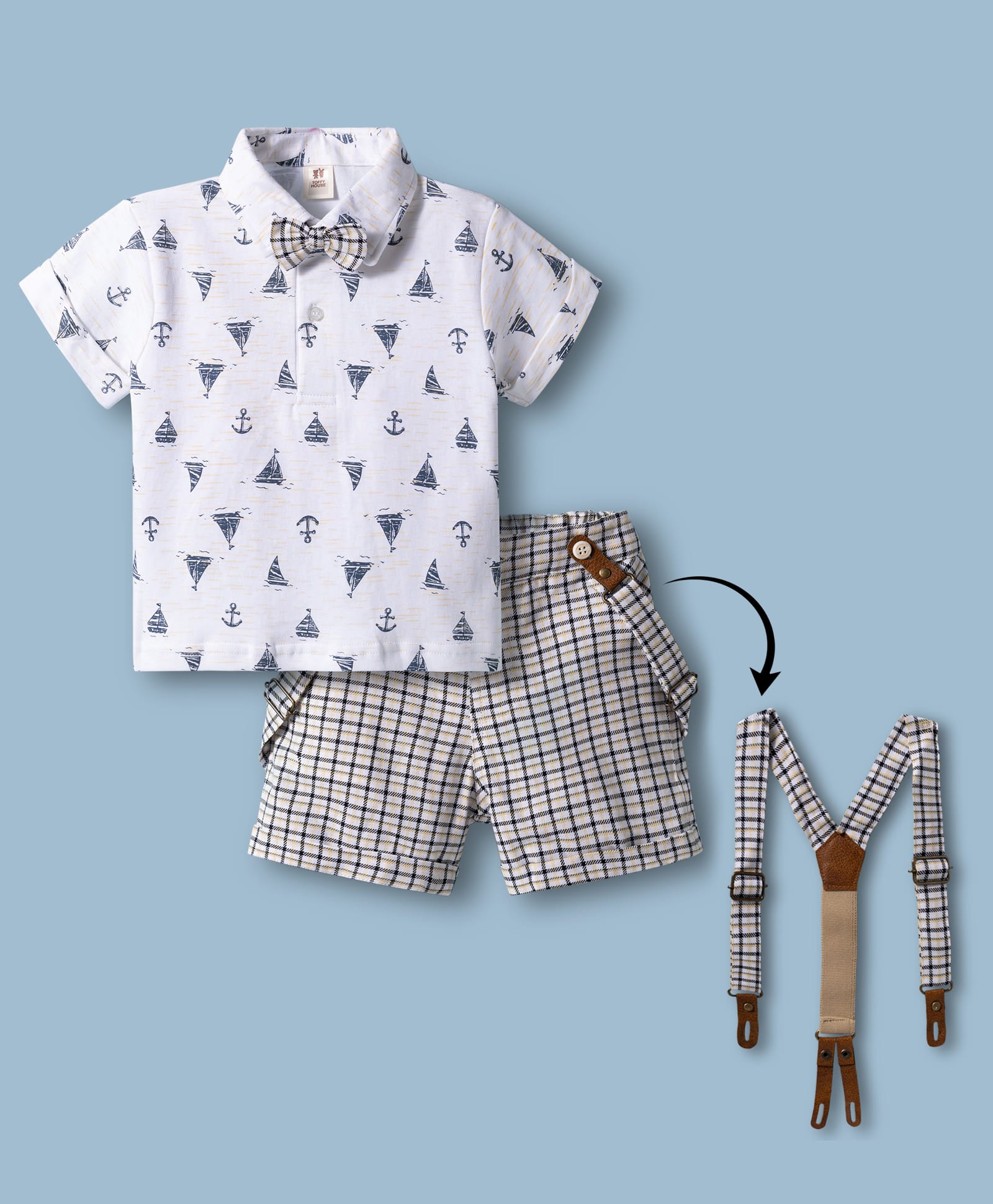 ToffyHouse Cotton Knit Half Sleeves Boat Printed Party T-Shirt & Shorts Set With Bow & Suspender - White-picture-12