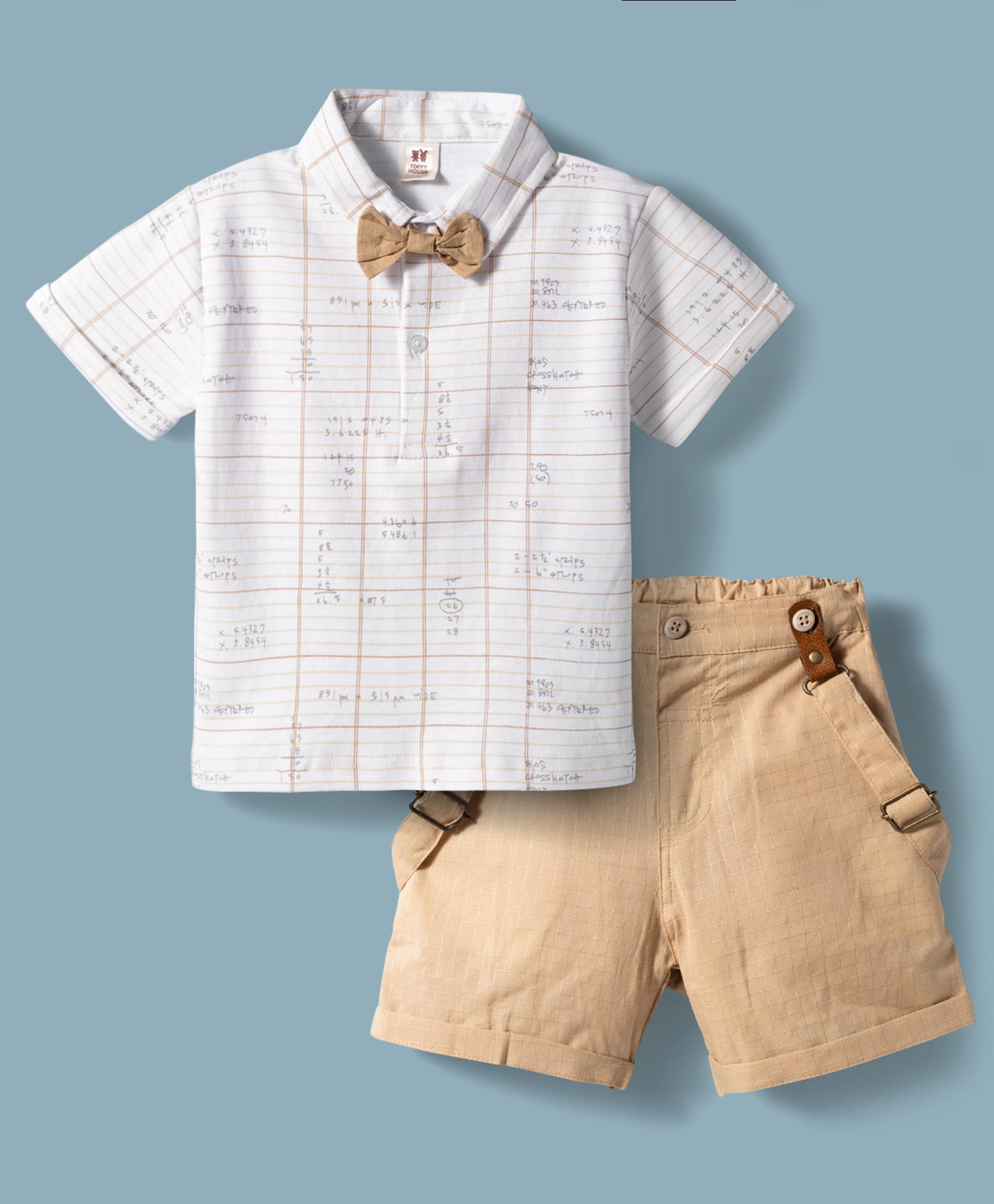 ToffyHouse Cotton Knit Half Sleeves Printed Party T-Shirt & Shorts Set With Bow & Suspender - White-picture-25