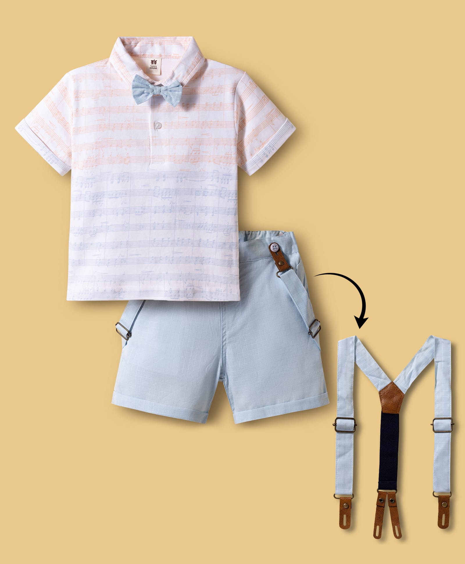 ToffyHouse Cotton Knit Half Sleeves Printed Party T-Shirt & Shorts Set With Bow & Suspender - White & Light Blue-picture-16