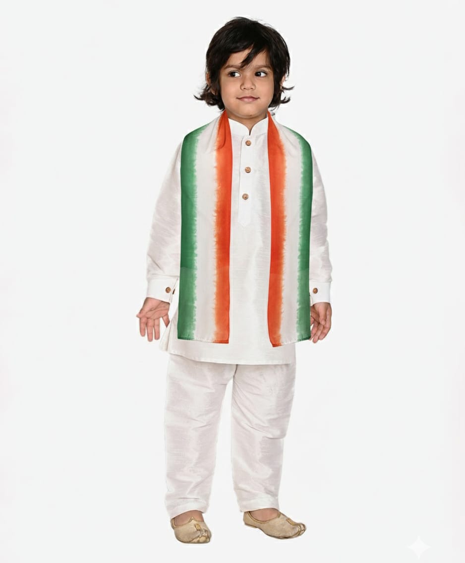 Pehanaava Jute Woven Repubic Day Theme Full Sleeves Solid Pathani Kurta & Pyjama With Tricolour Dupatta Set - White-image-23