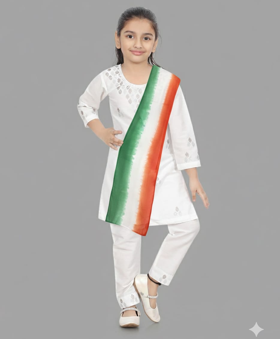 Pehanaava Jute Woven Republic Day Theme Three Fourth Sleeves Beads Embellished Kurti & Salwar Set With Tricolour Dupatta - White-image-10