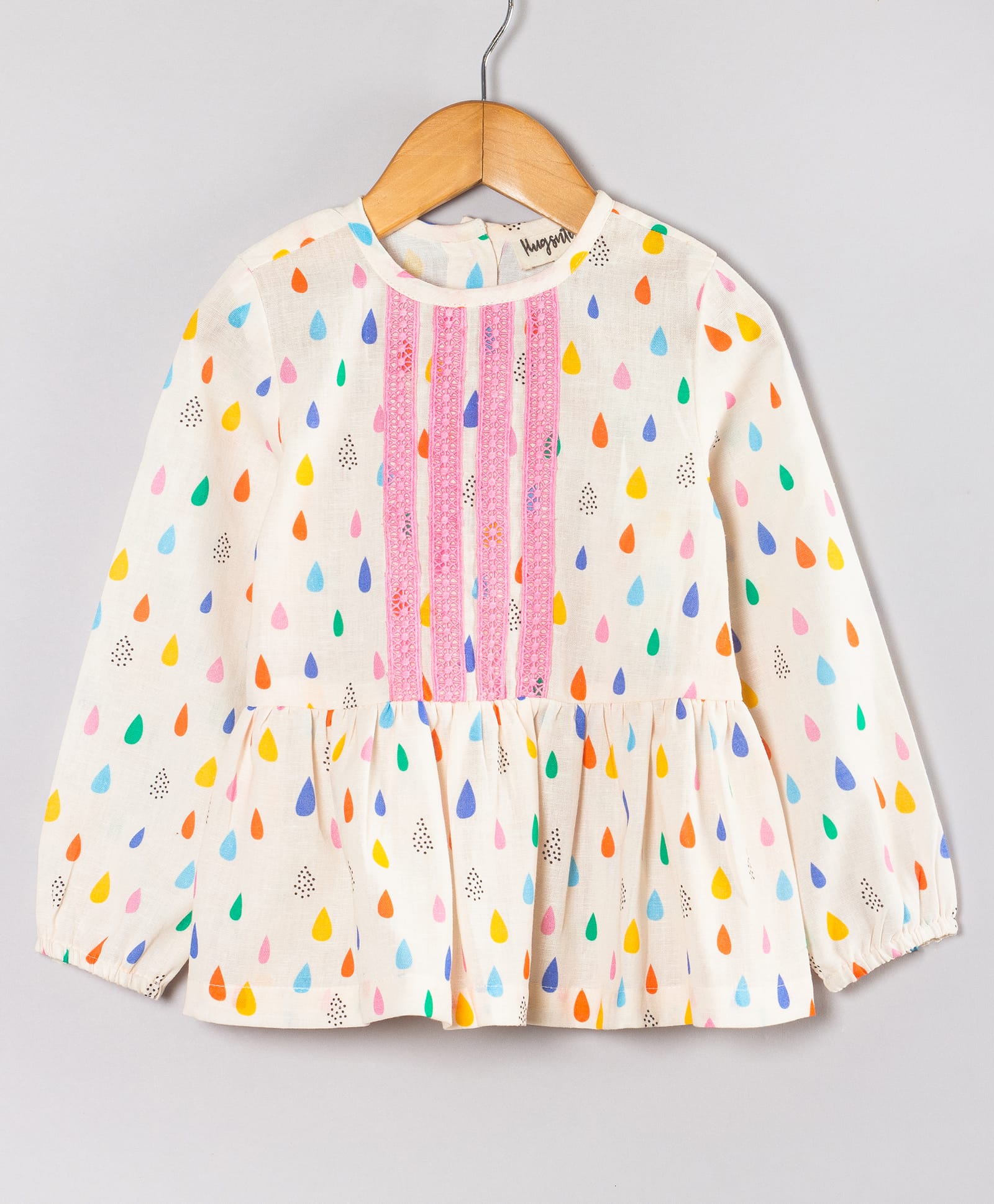 Hugsntugs Cotton Woven Full Sleeves Water Drops Printed Embroidery Detailed Top - White & Multi Colour-image-49