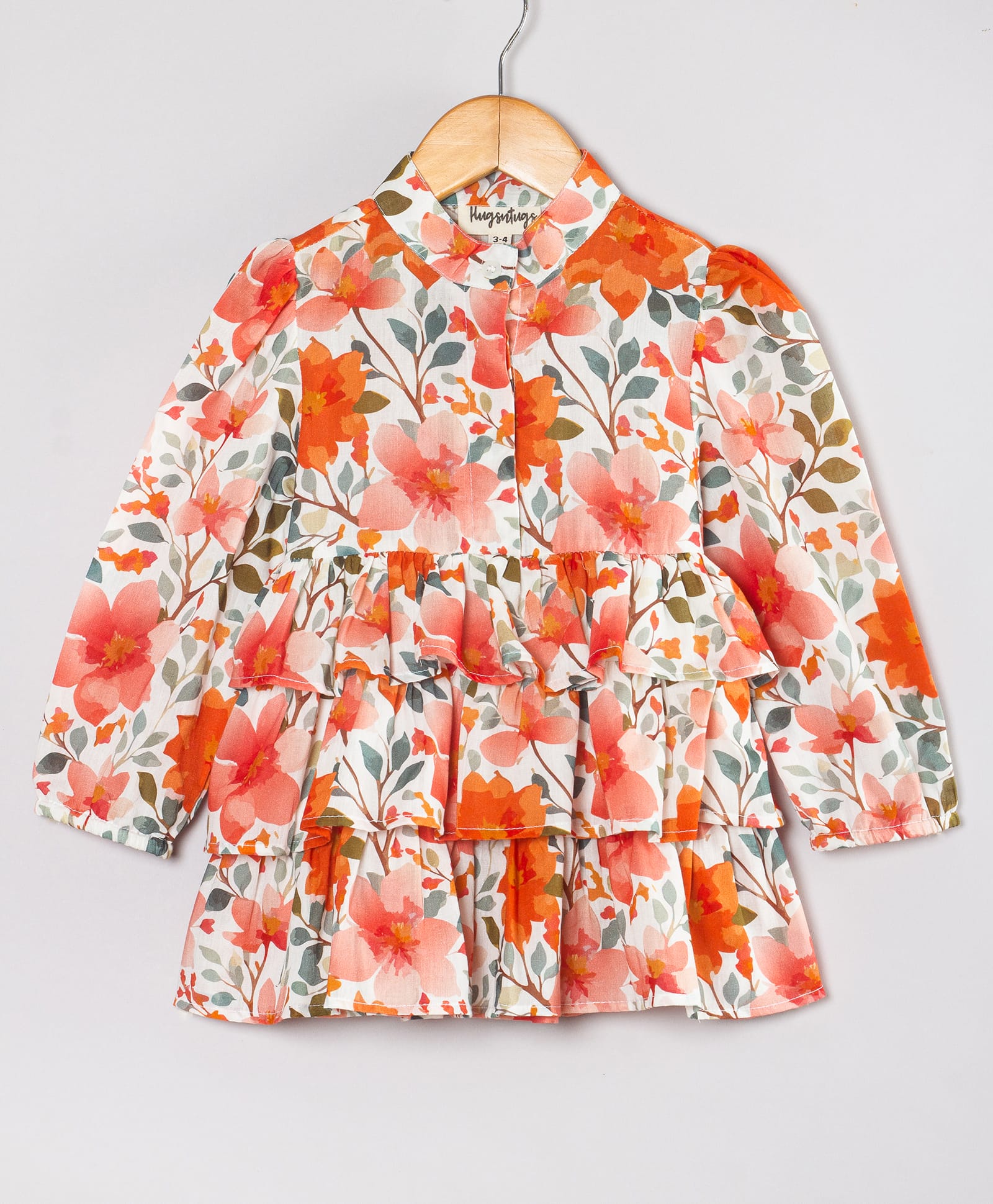 Hugsntugs Cotton Woven Full Sleeves Floral Printed Frill Detailed Top - Multi Colour-image-48