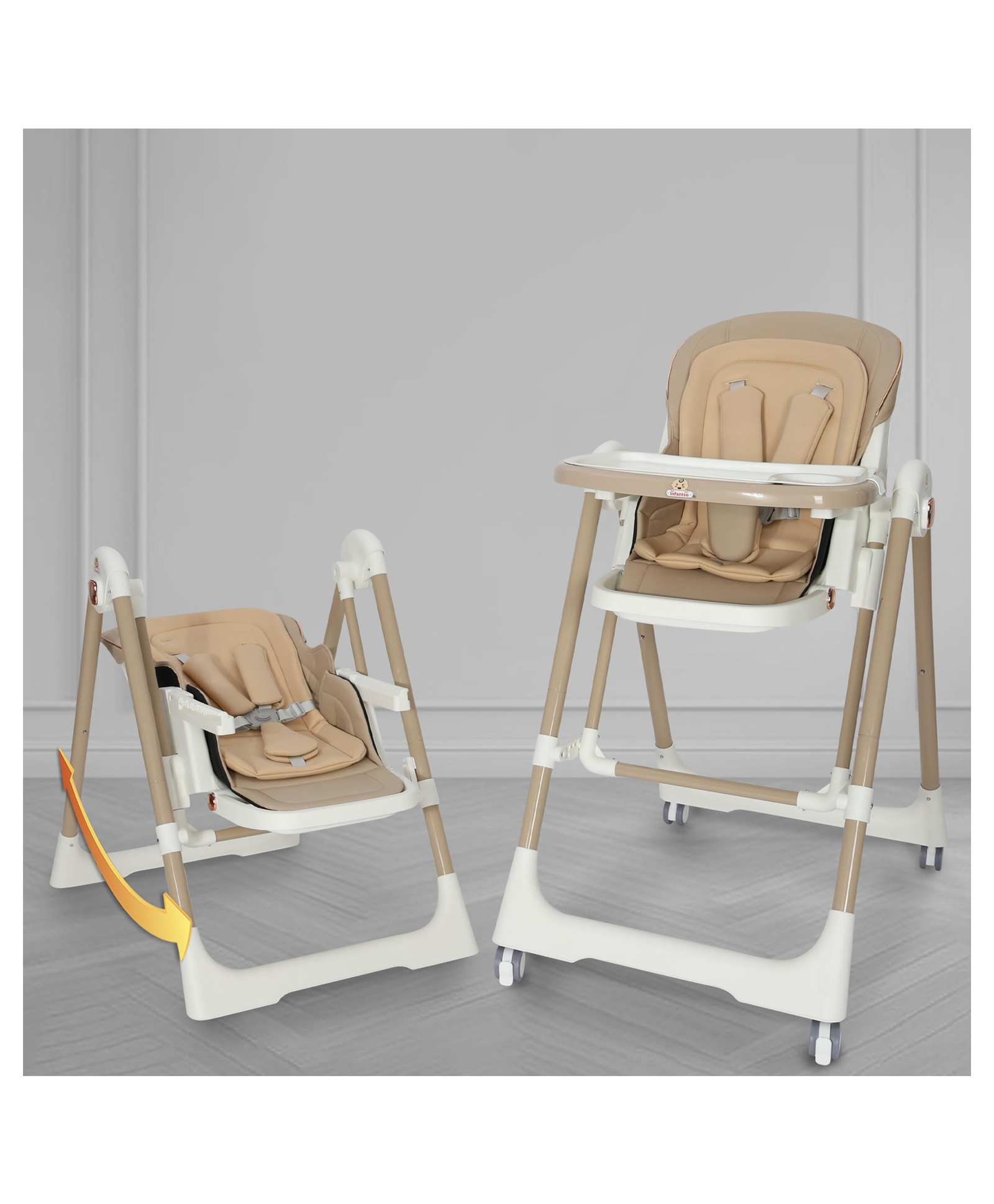 Infantso SWINI 5-in-1 Multifunctional Baby High Chair with Swing for Baby, Adjustable Height, Dual Tray, Reclinable Backrest & Footrest | Baby Feeding Chair for 6 Months - 5 Years Kids -Beige