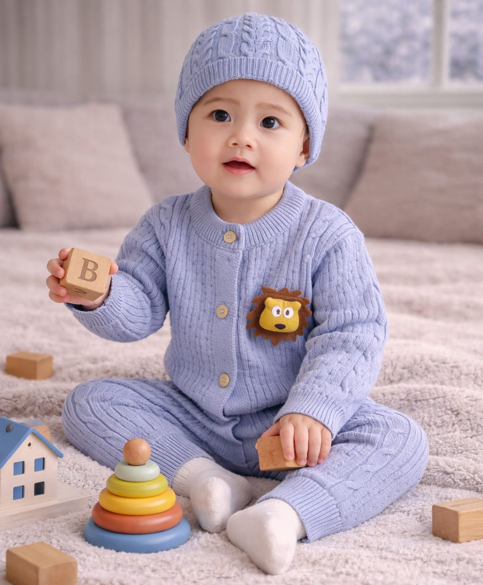 Little Surprise Box Viscose Rayon Woven Full Sleeves Cable Knit Designed & Lion Applique Detailed Winter Wear Romper With Cap - Blue-image-18