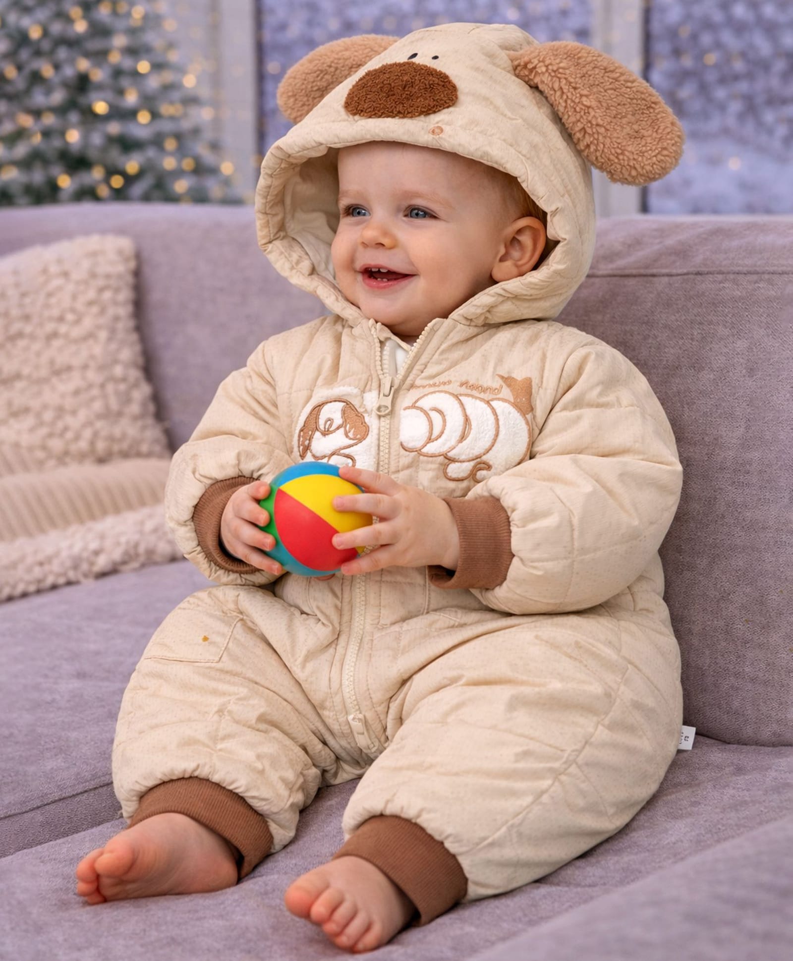 Little Surprise Box Cotton Woven Full Sleeves Dog Embroidered Winter Wear Hooded Romper - Brown-image-33