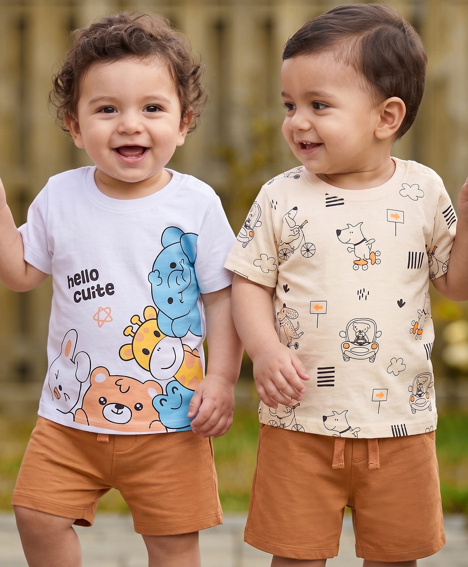 Doodle Poodle 100% Cotton Single Jersey Knit Half Sleeves T-Shirts & Shorts Set with Animal Print - Cream Brown & White-image-32