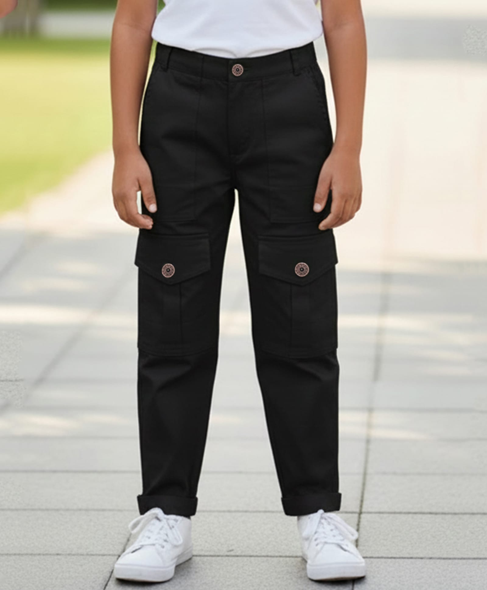 Cutiekins Cotton Lycra Woven Solid Cargo Pant - Black-picture-25
