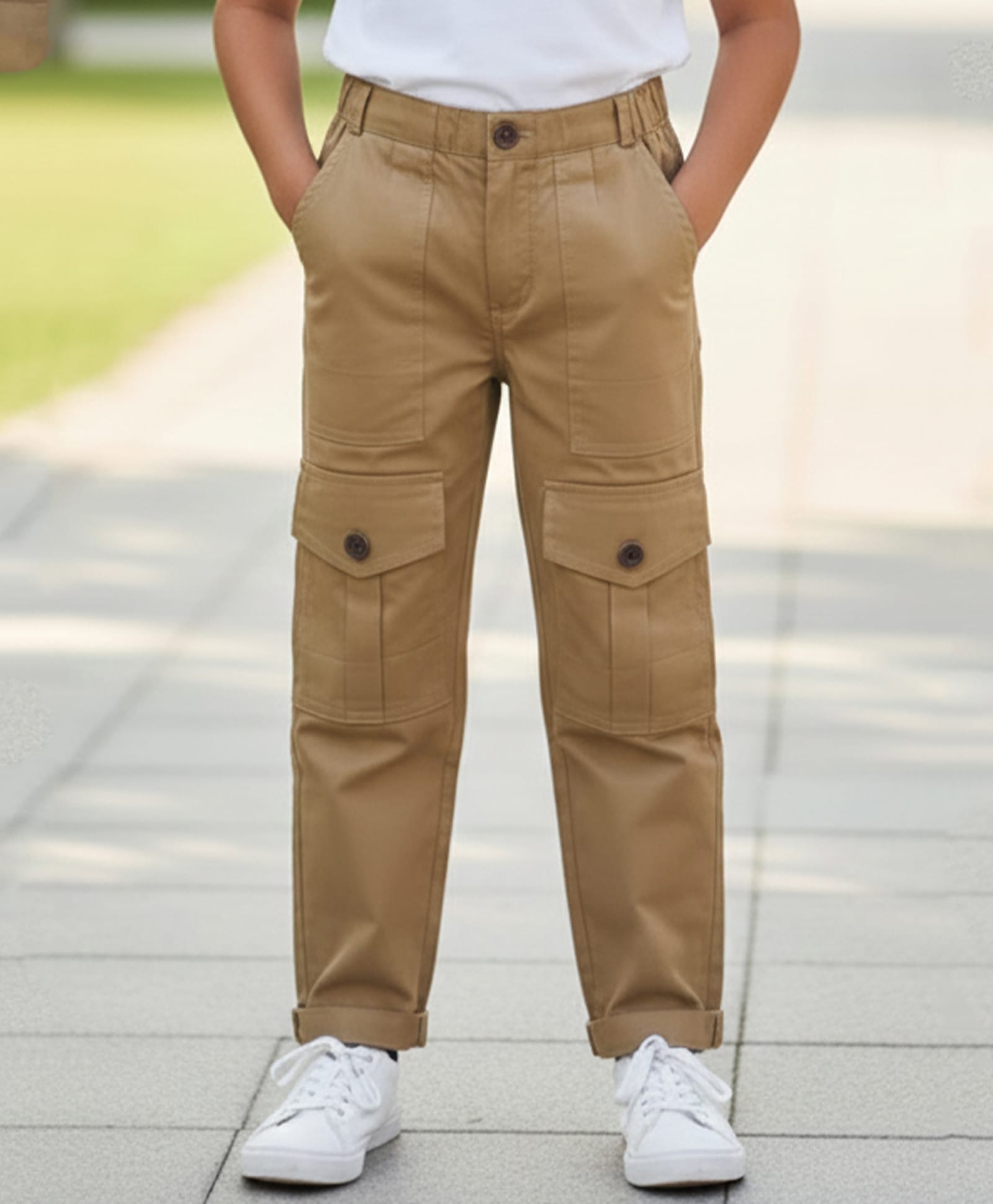 Cutiekins Cotton Lycra Woven Solid Cargo Pant - Light Brown-picture-25