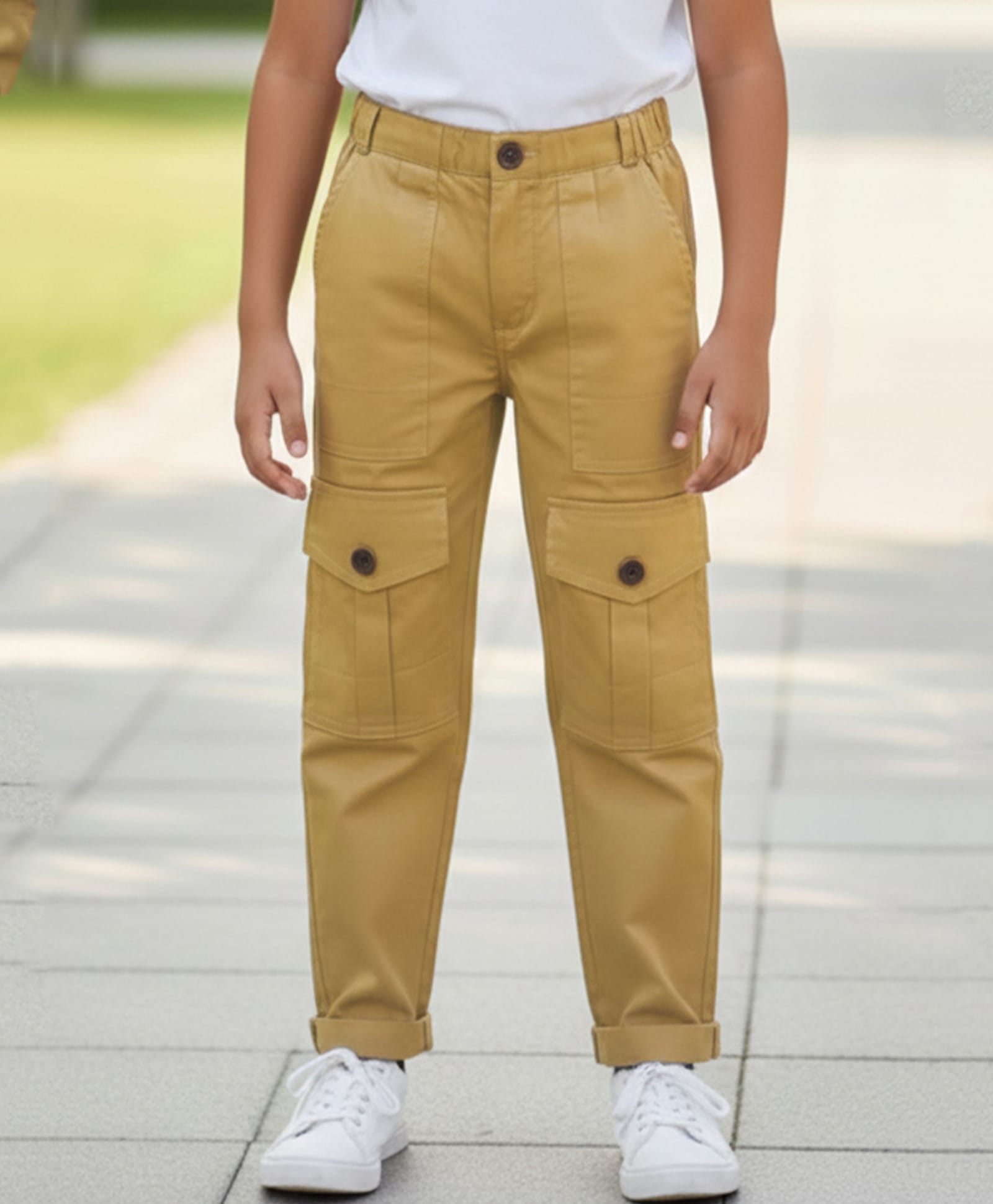 Cutiekins Cotton Lycra Woven Solid Cargo Pant - Yellow & Golden-picture-19