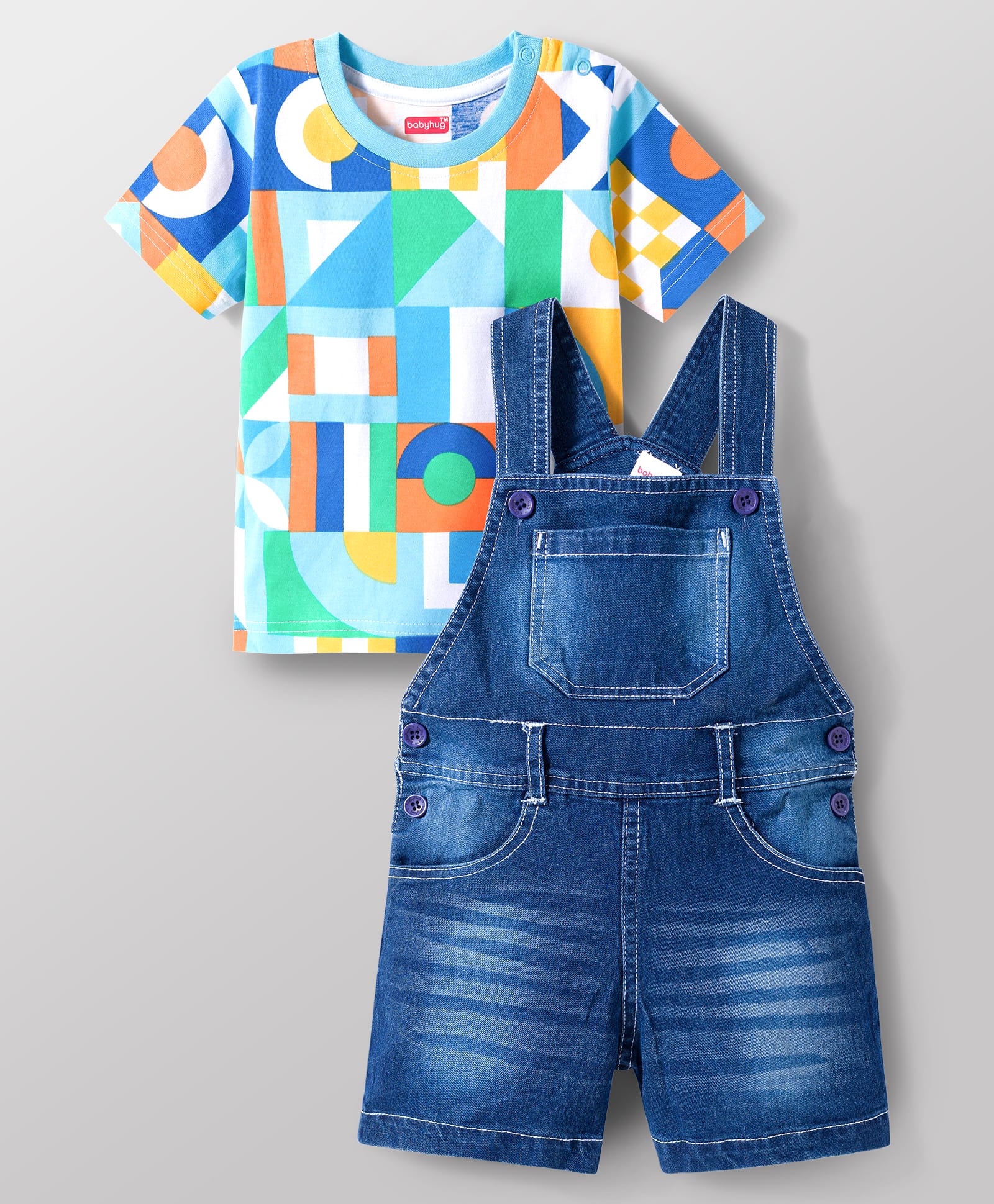 Babyhug Single Jersey Knit Half Sleeves Printed T-Shirt with Denim Dungaree - Blue & Sea Green