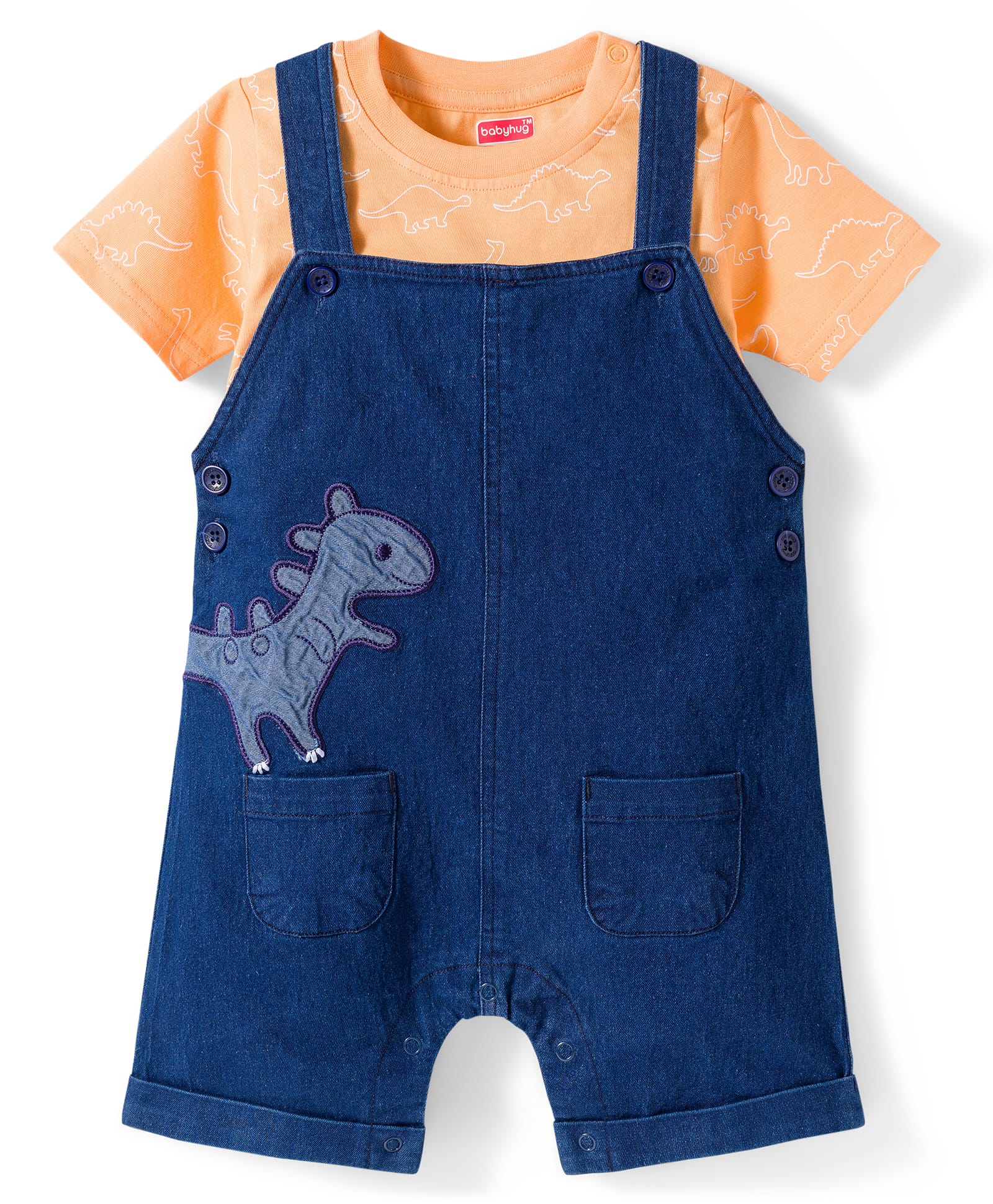 Babyhug Single Jersey Knit Half Sleeves Dino Printed T-Shirt & Denim Dungaree with Patch - Orange & Blue-image-13