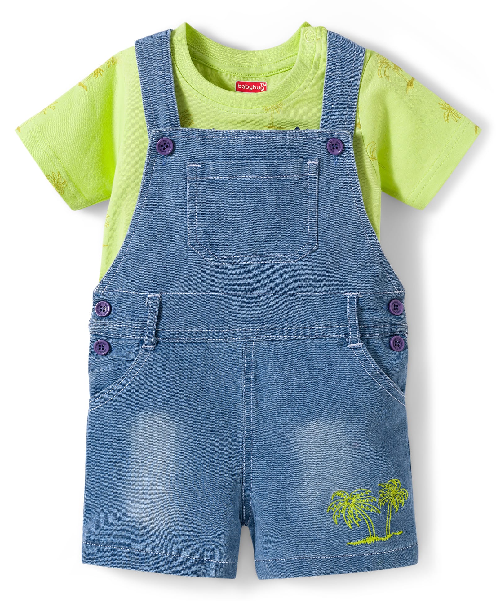 Babyhug Single Jersey Knit Half Sleeves Text Printed T-Shirt & Denim Dungaree with Tree Embroidery - Limegreen & Blue