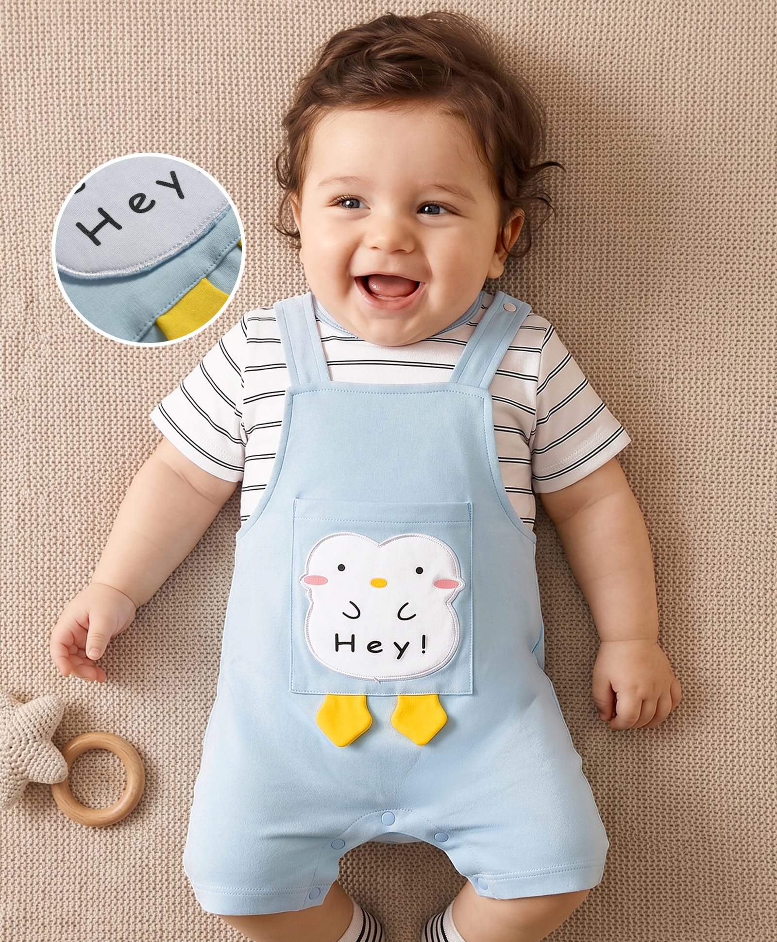 Mark & Mia Cotton Knit Half Sleeves Striped & Birds Applique Dungaree Style Romper With Pocket Detailing - Light Blue-image-34
