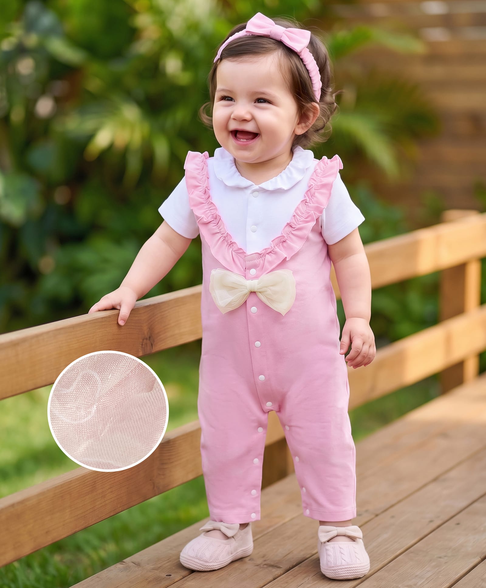 Mark & Mia Cotton Knit Half Sleeves Solid Dungaree Style Onesie With Headband - Pink-image-41