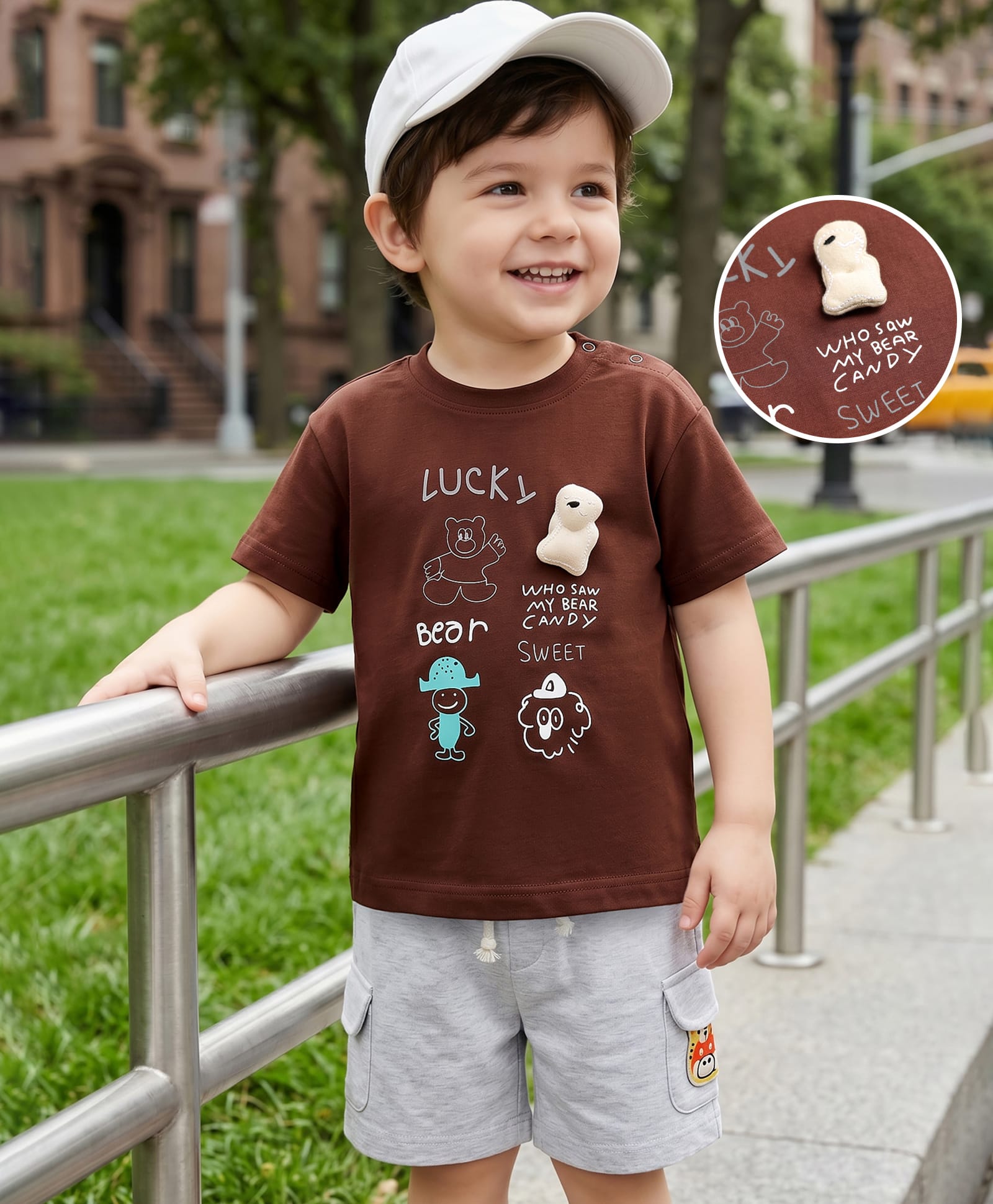 Mark & Mia Cotton Knit Half Sleevs Over Sized T-Shirt & Shorts Set with Bear Print & Applique - Brown-image-35