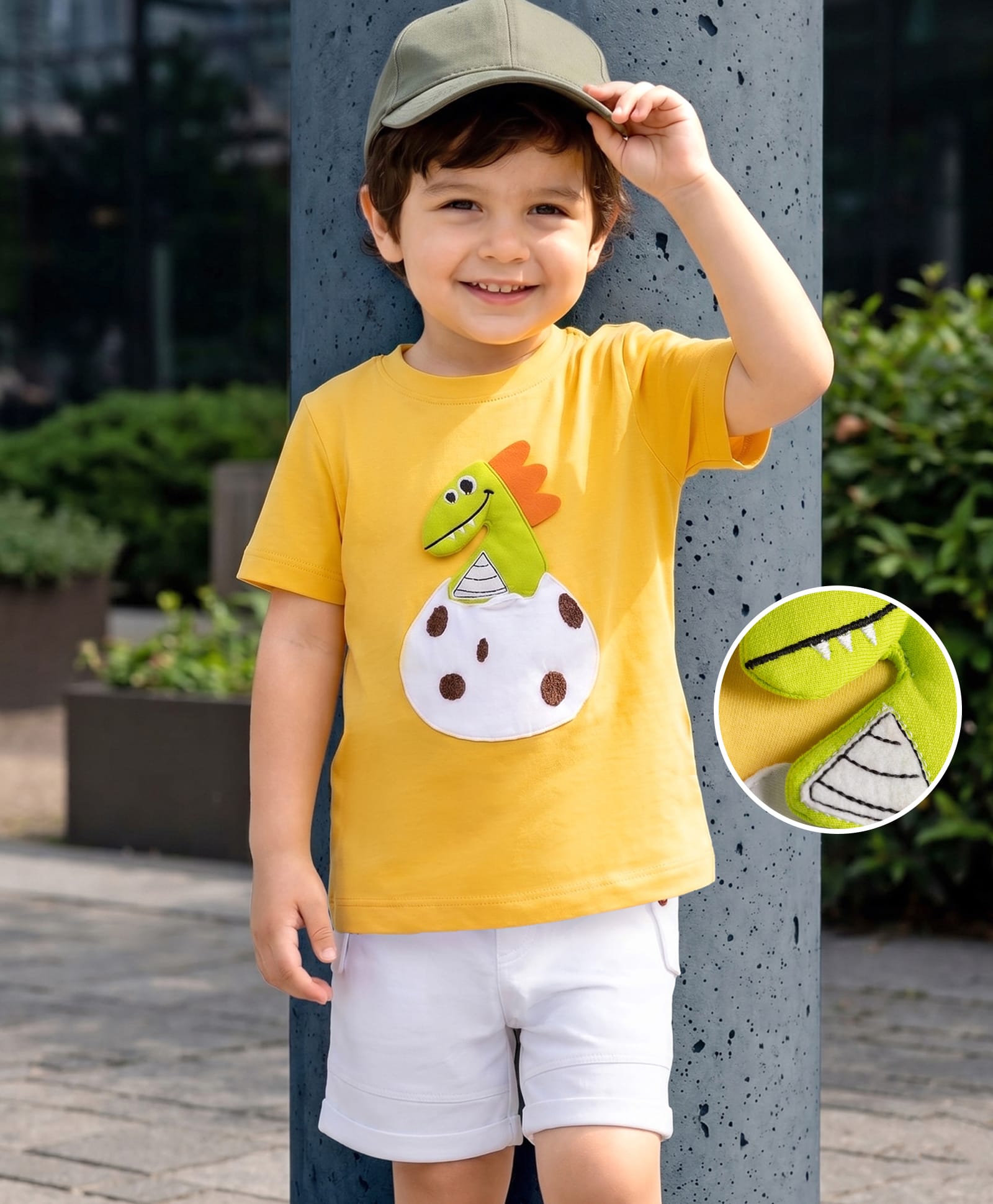 Mark & Mia Cotton Knit Half Sleevs Over Sized T-Shirt & Shorts Set with Dino Print & Applique - Yellow-image-36
