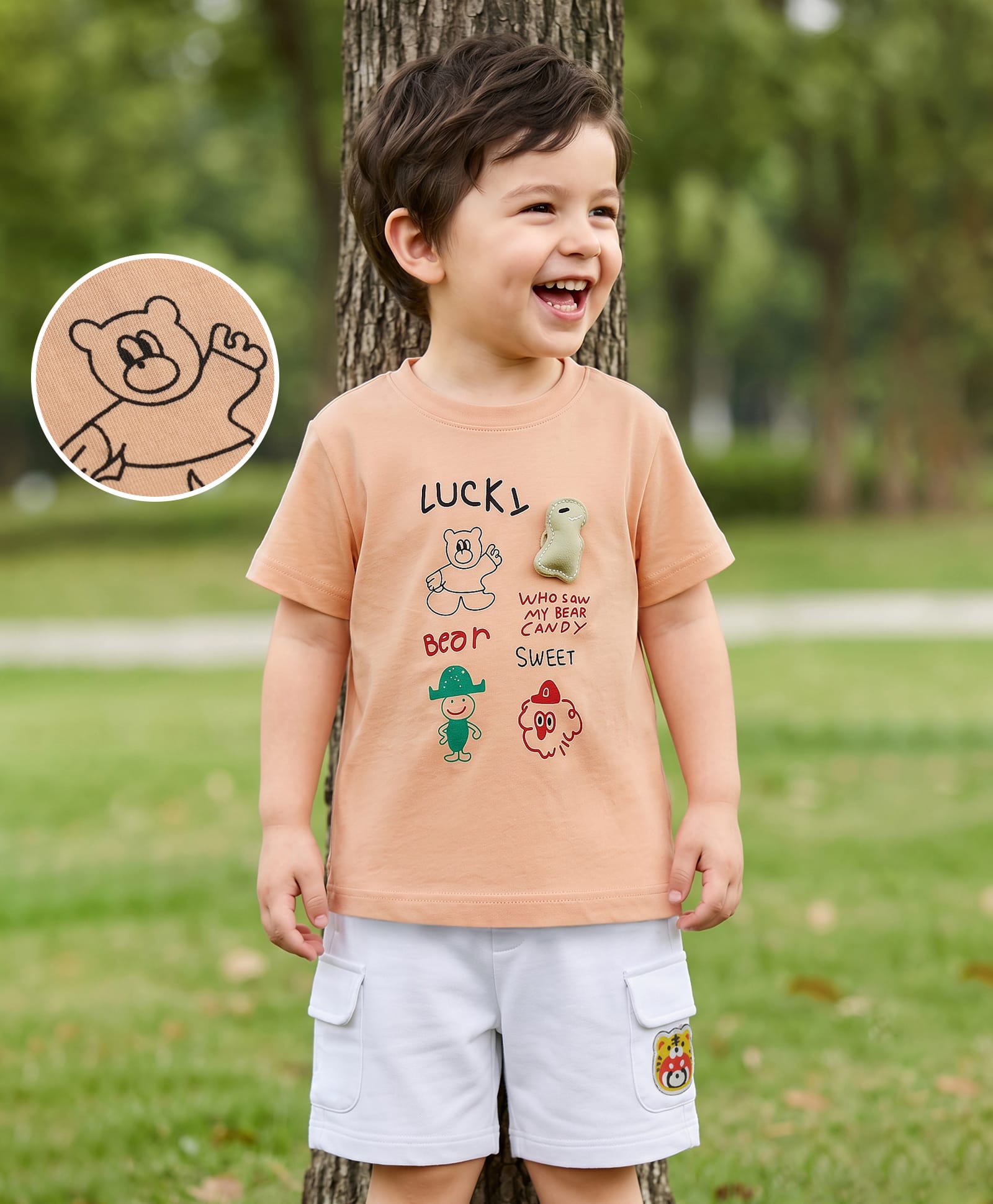 Mark & Mia Cotton Knit Half Sleeves Oversized T-Shirt & Shorts Set with Teddy Print & Pockets - Multicolor-picture-34