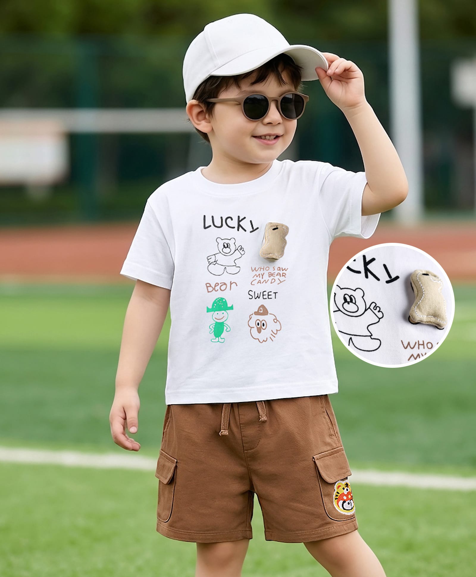 Mark & Mia Cotton Knit Half Sleeves Oversized T-Shirt & Shorts Set with Teddy Print & Pockets - Multicolor-picture-32