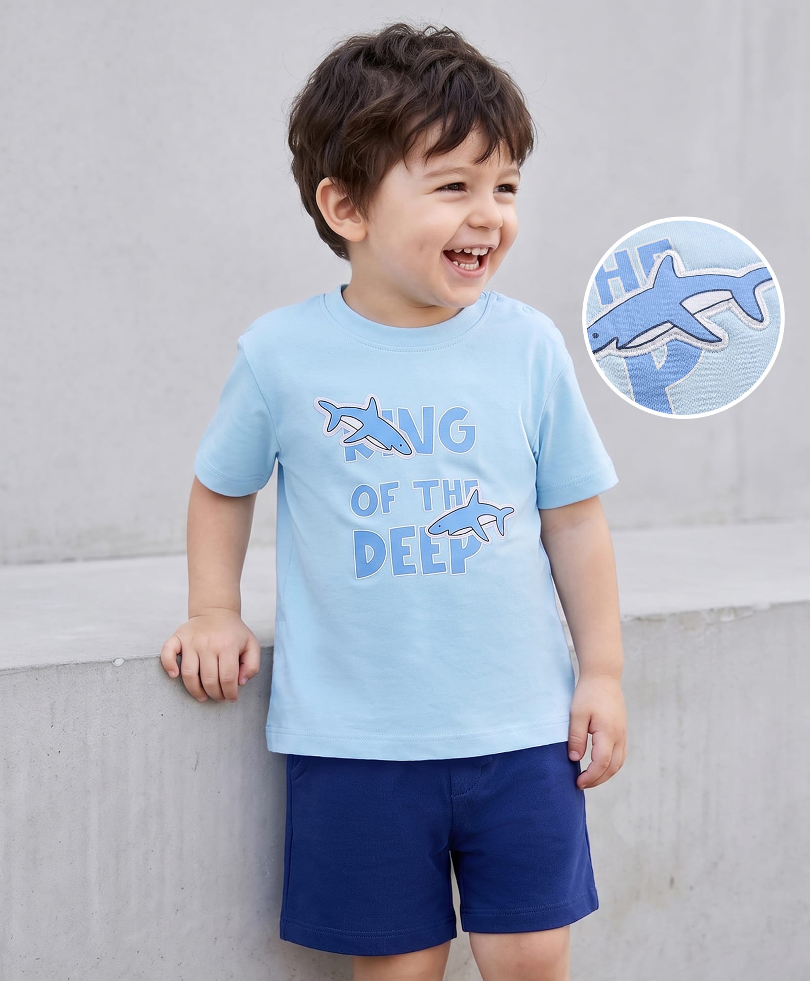 Mark & Mia Cotton Knit Half Sleevs Over Sized T-Shirt & Shorts Set with Shark Print - Light Blue-image-8