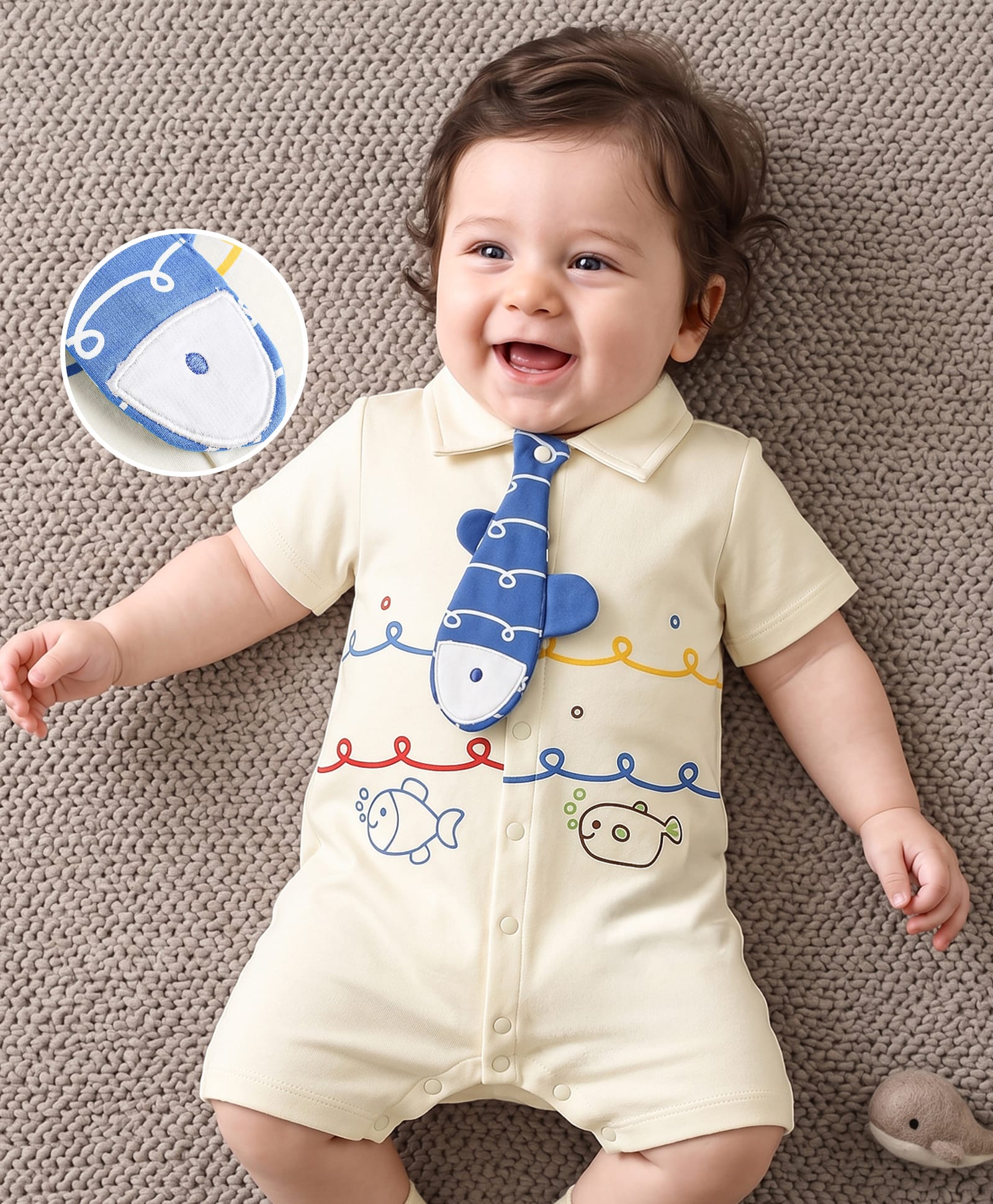 Mark & Mia Cotton Knit Half Sleeves Sea Life Printed Romper With Fish Shaped Tie - Cream-image-25