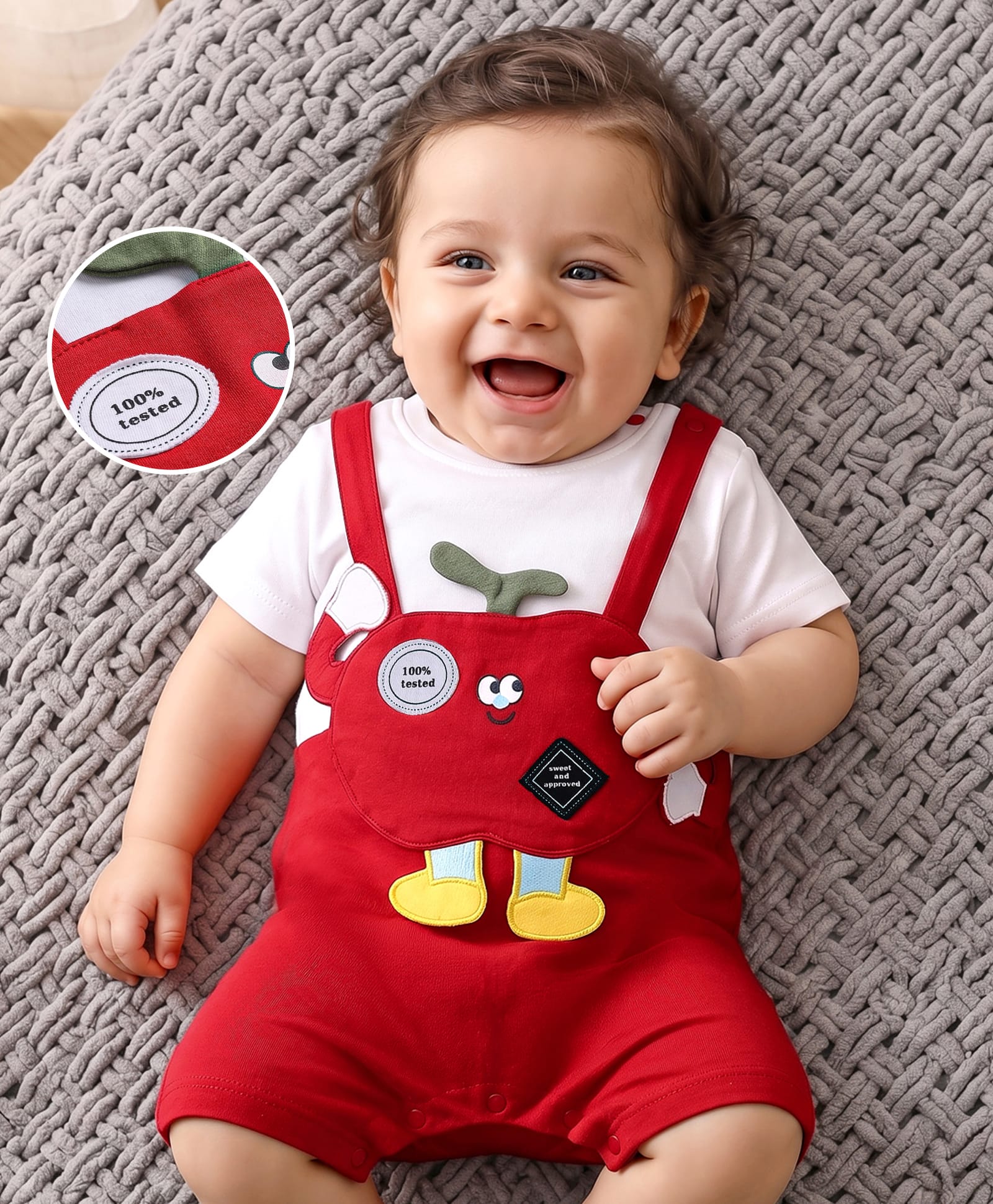 Mark & Mia Cotton Half Sleeves Romper With Apple Applique - Multicolor-image-4