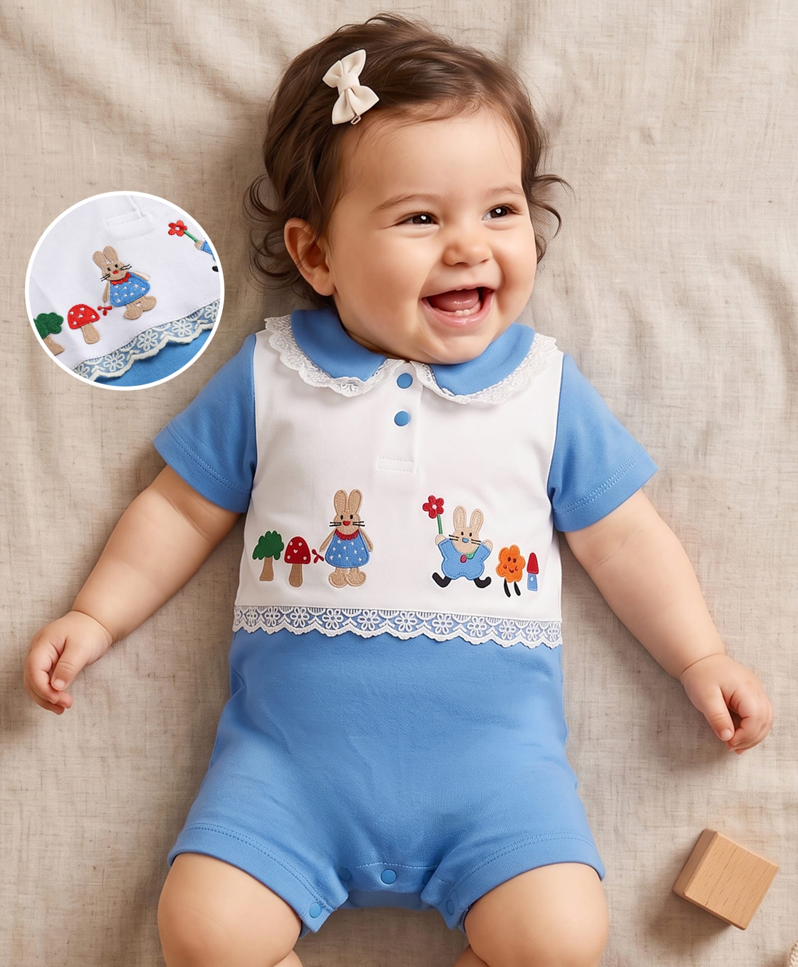 mark & mia cotton knit half sleeves bunny & floral embroidered romper with lace detailing & peter pan collar - light blue
