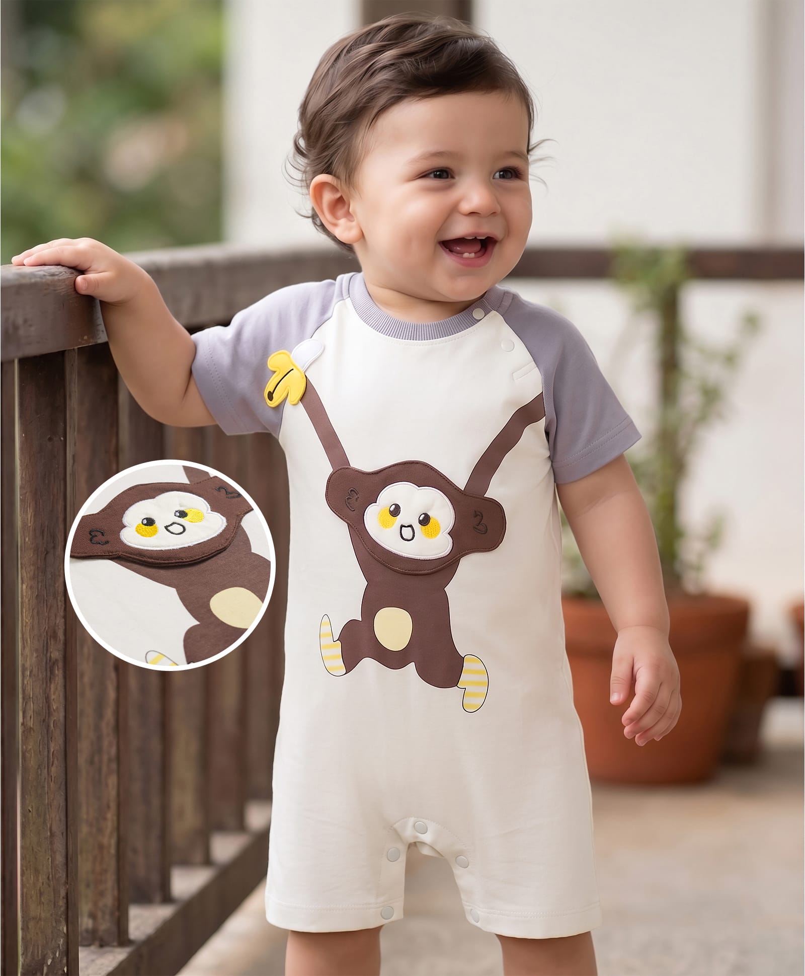 Mark & Mia Cotton Knit Half Raglan Sleeves Romper with Monkey Applique & Print - Multicolor-image-39