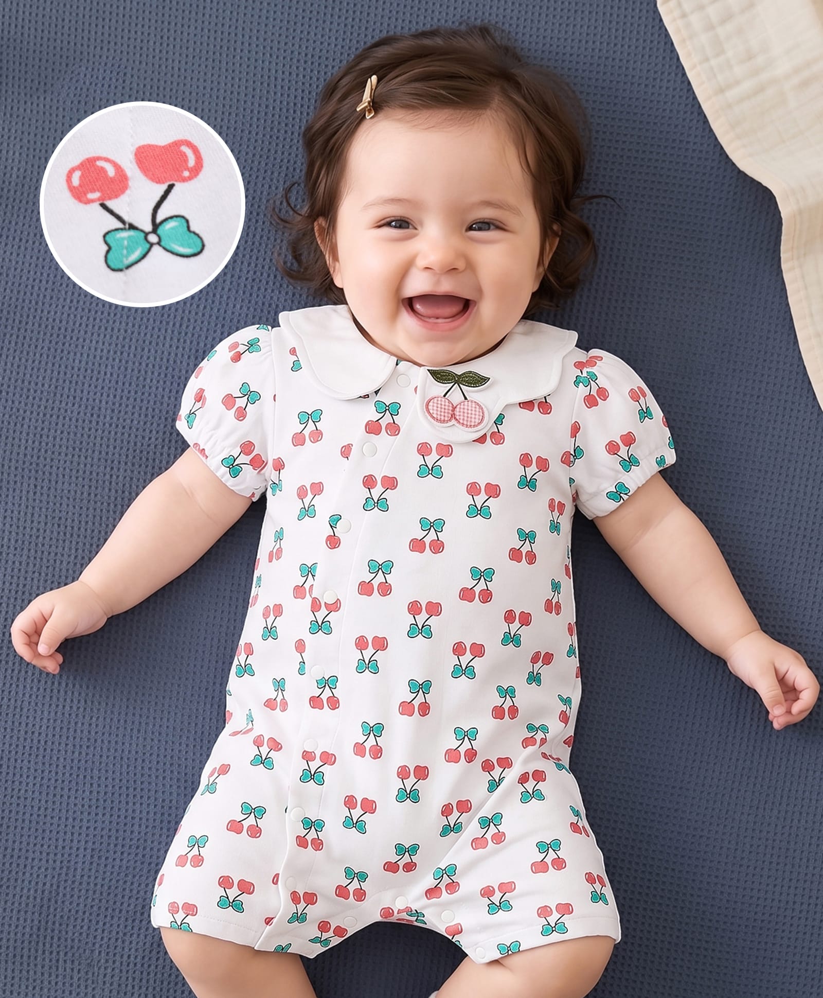 Mark & Mia 100% Cotton Knit Half Sleeves Cherry Printed Romper With Patch -White-image-40