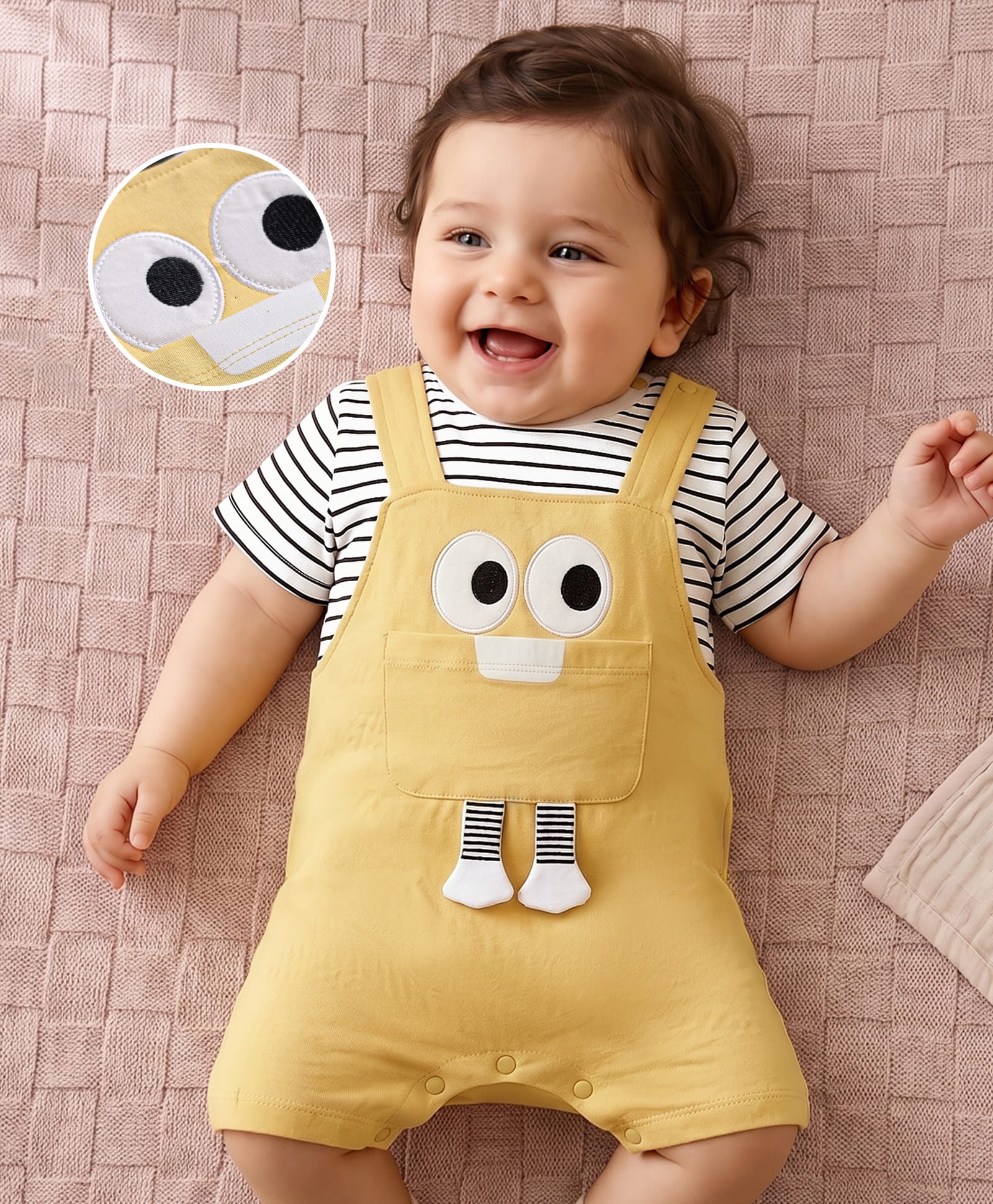 Mark & Mia Cotton Knit Half Sleeves Striped Romper With Applique Detailing - Multicolor-image-3