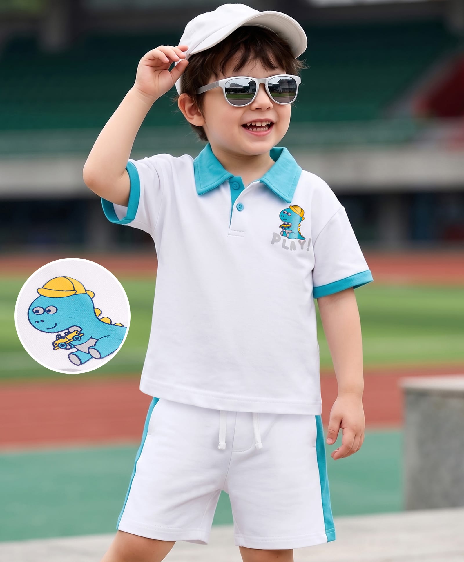 Mark & Mia Cotton Knit Half Sleeves Oversized Polo T-Shirt & Shorts Set with Dino Graphic - White-image-17