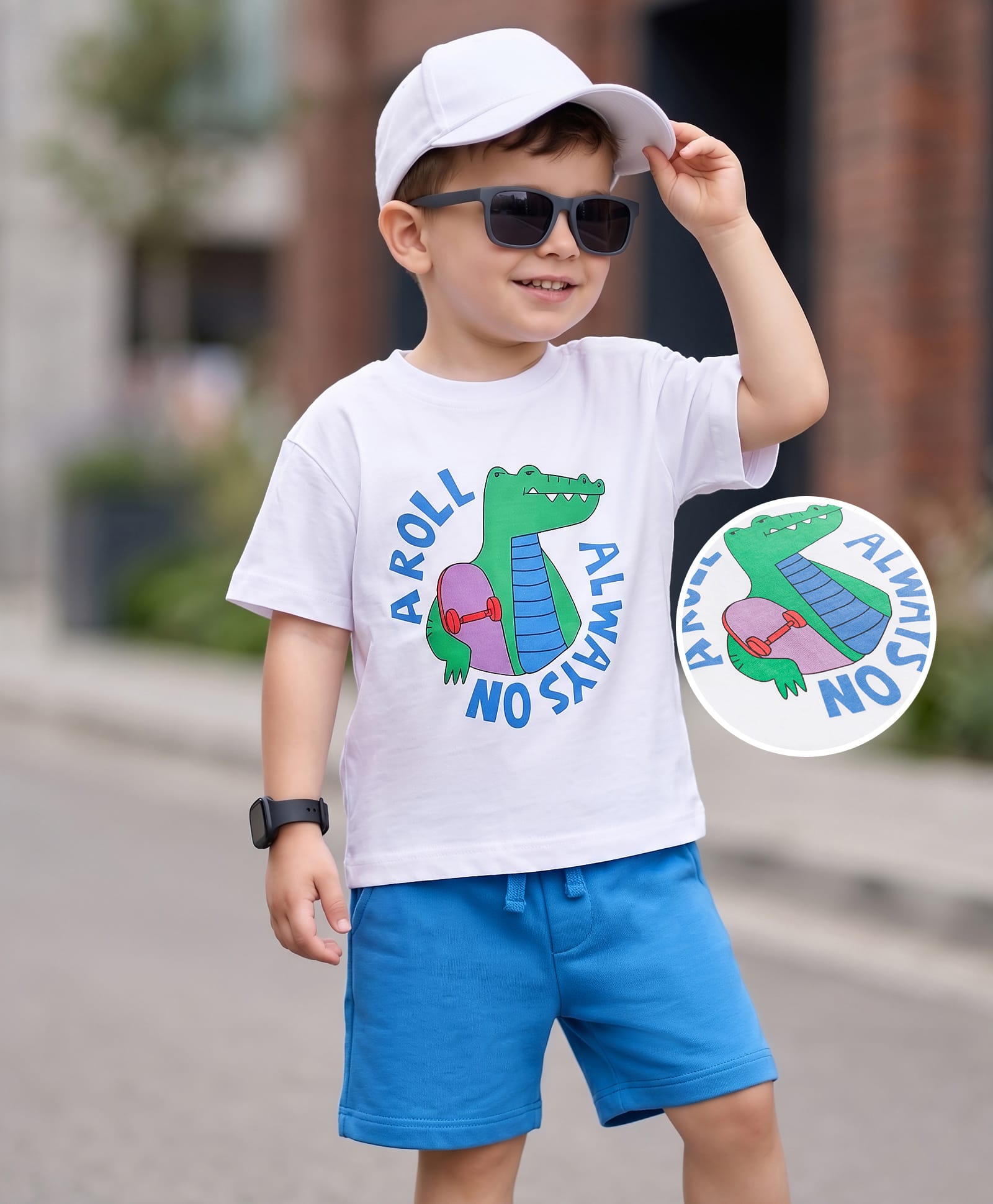 Mark & Mia Cotton Knit Half Sleeves Oversized T-Shirt & Shorts Set with Dino Print - Multicolur-image-21