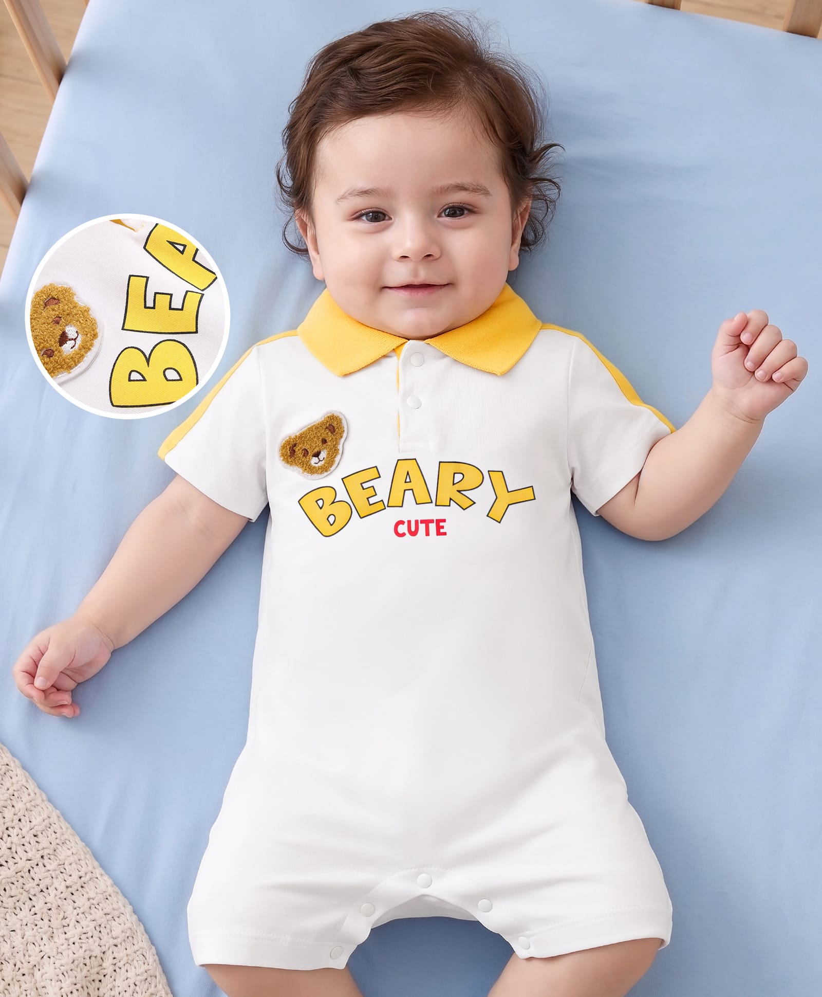 Mark & Mia Cotton Knit Half Sleeves Romper With Text Print & Bear Applique - White-image-43