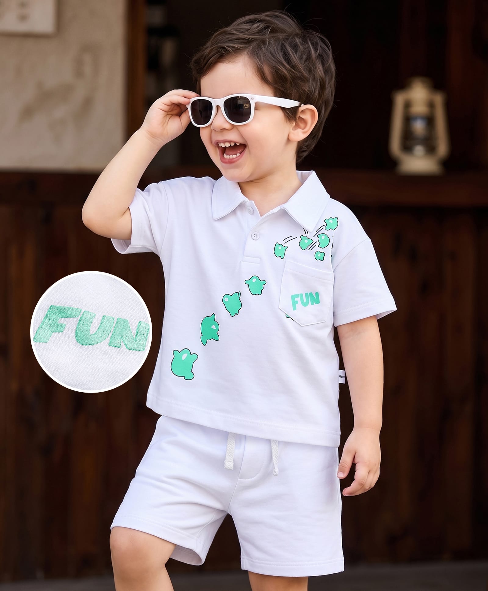 Mark & Mia Cotton Knit Half Sleeves Oversized Polo T-Shirt & Shorts Set With Graphics - Multicolor-image-16