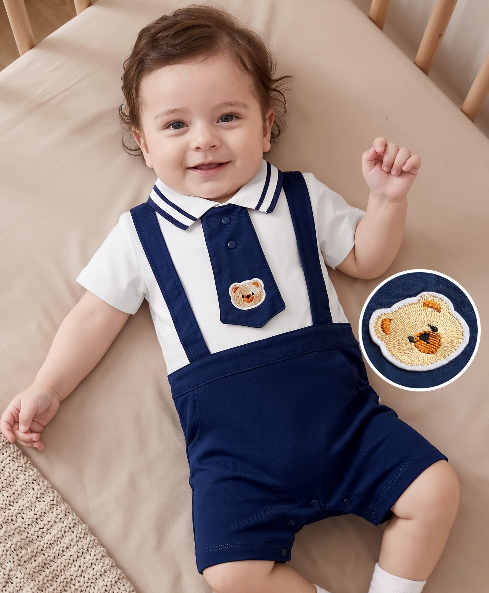 Mark & Mia Cotton Knit Half Sleeves Solid Dungree Romper & Tie With Bear Embroidery - Multicolor-image-35