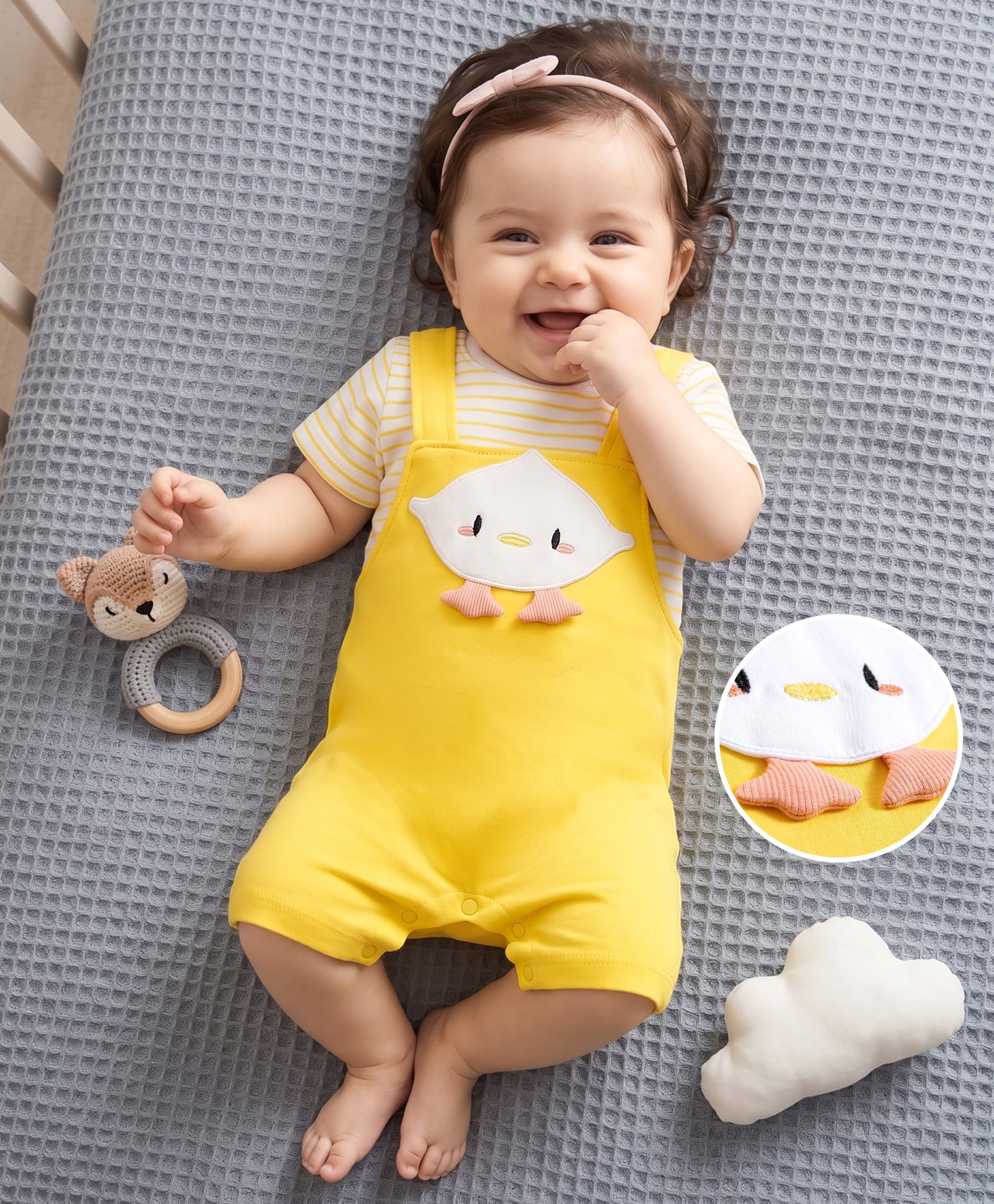 Mark & Mia Cotton Knit Half Sleeves Striped Romper with Patch Detailing - Multicolor-image-30